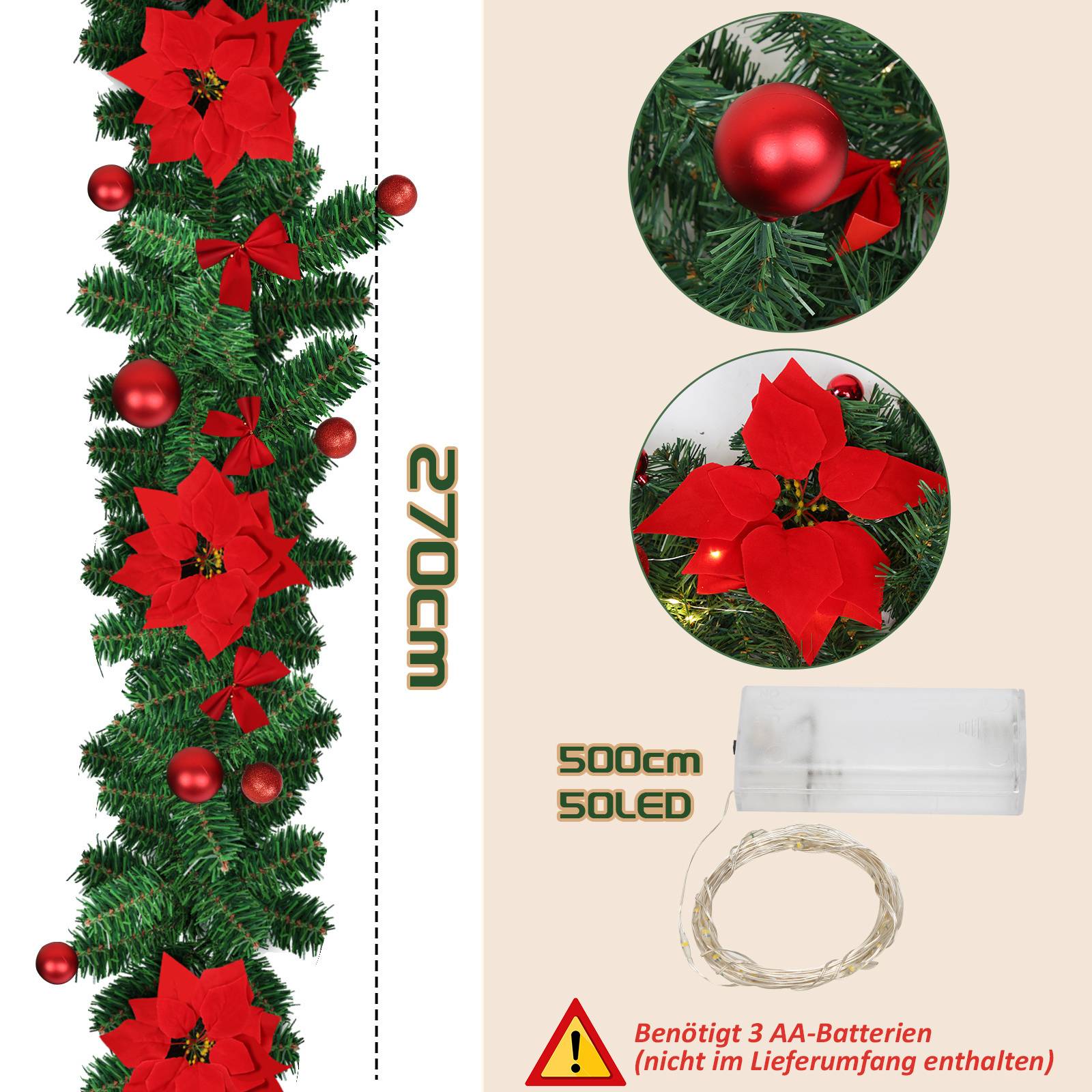Weihnachtsgirlande mit Beleuchtung Lichterkette Deko 50 LEDs Innen Außen Grün 2.7m mit Rot dekorativen