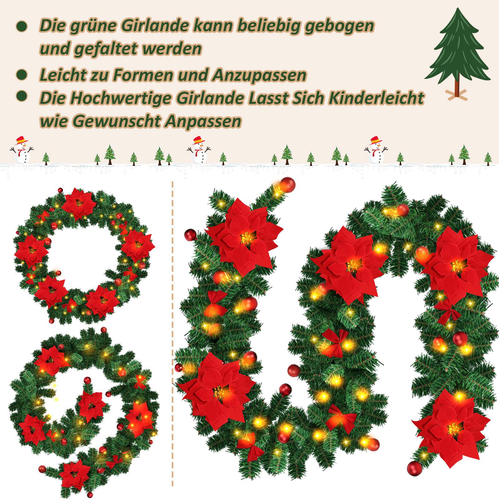 Weihnachtsgirlande mit 50 LEDs Innen Außen Grün 2.7m mit Rot dekorativen Weihnachtsdeko Weihnachten Girlande