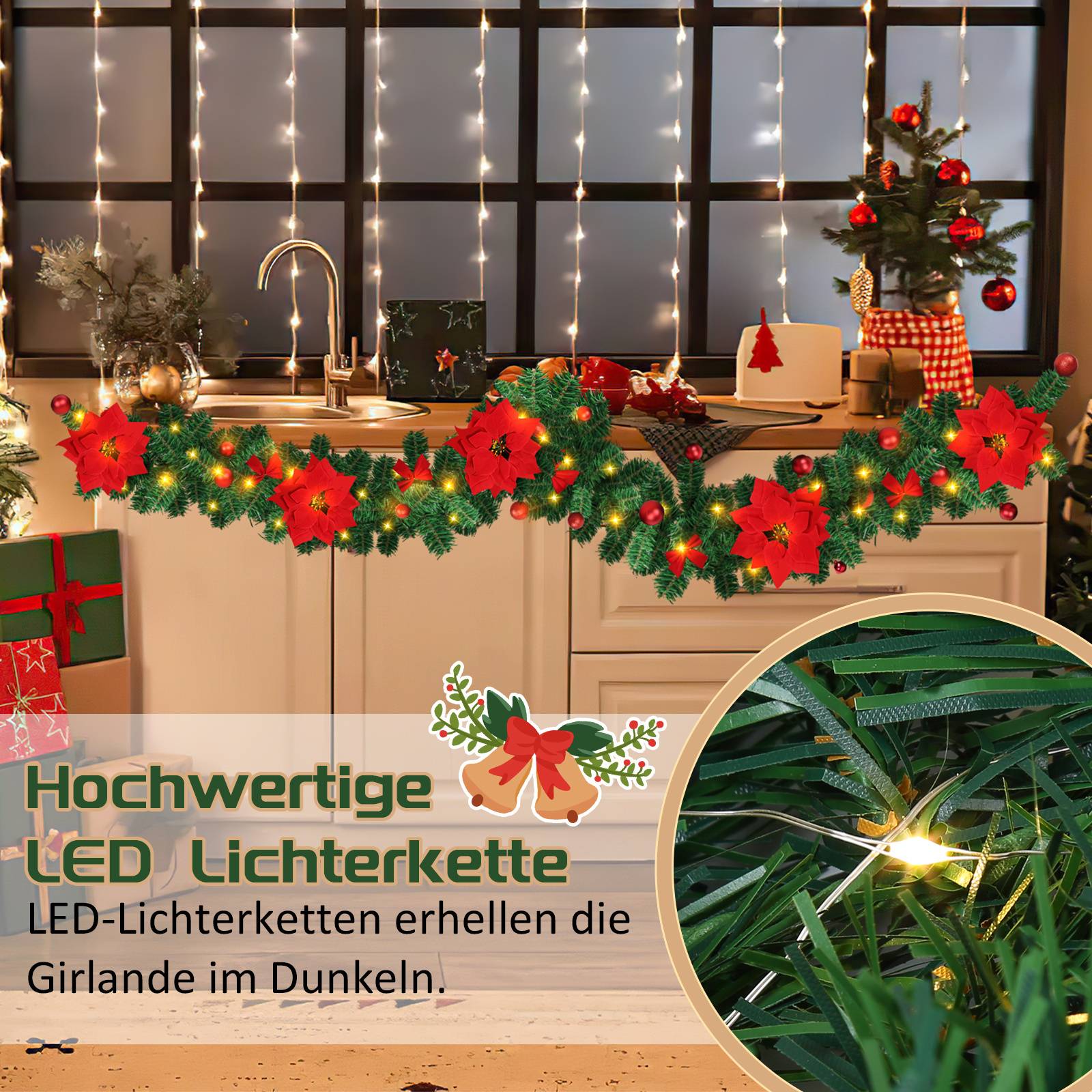 Weihnachtsgirlande mit 50 LEDs Innen Außen Grün 2.7m mit Rot dekorativen Weihnachtsdeko Weihnachten Girlande