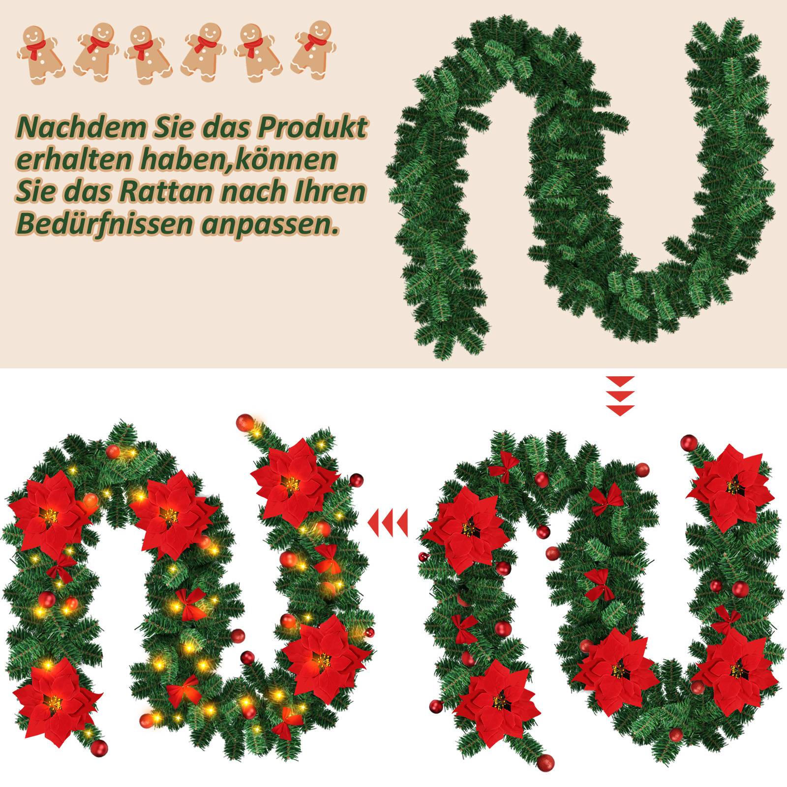 Weihnachtsgirlande mit Beleuchtung Lichterkette Deko 50 LEDs Innen Außen Grün 2.7m mit Rot dekorativen