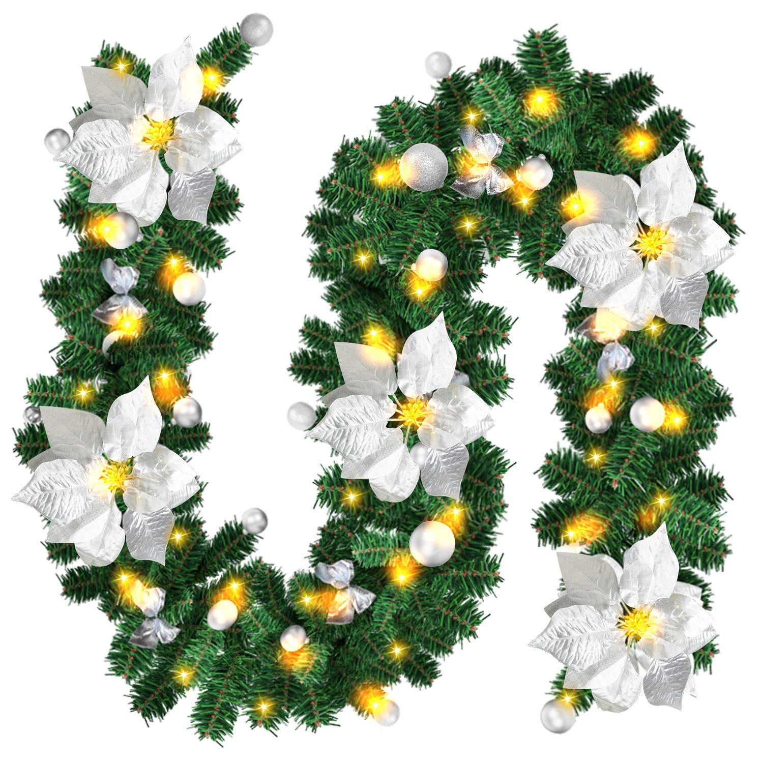 Weihnachtsgirlande mit Beleuchtung Lichterkette Deko 50 LEDs Innen Außen Grün 2.7m mit Silber dekorativen