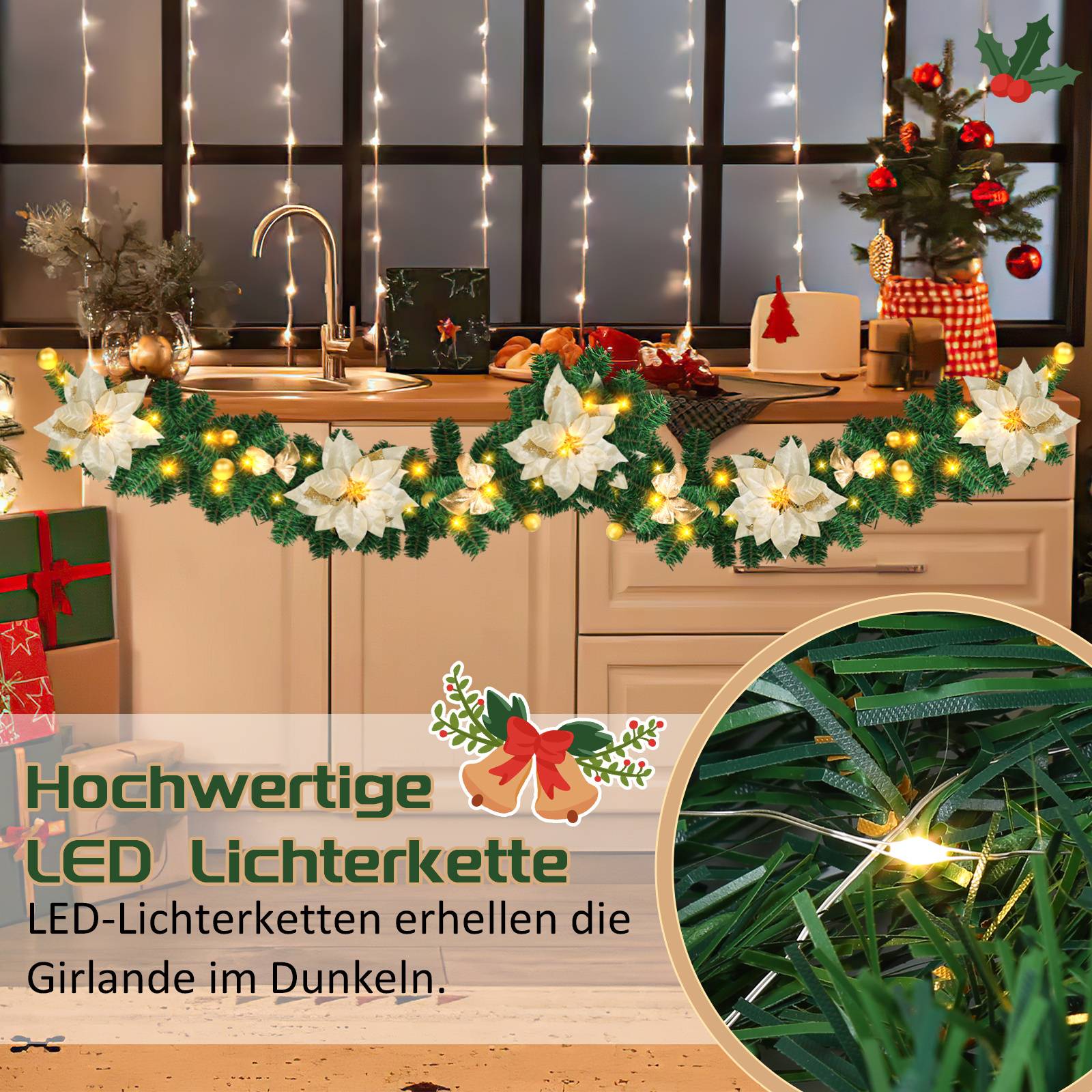 Weihnachtsgirlande mit 50 LEDs Innen Außen Grün 2.7m mit Gold dekorativen Weihnachtsdeko Weihnachten Girlande
