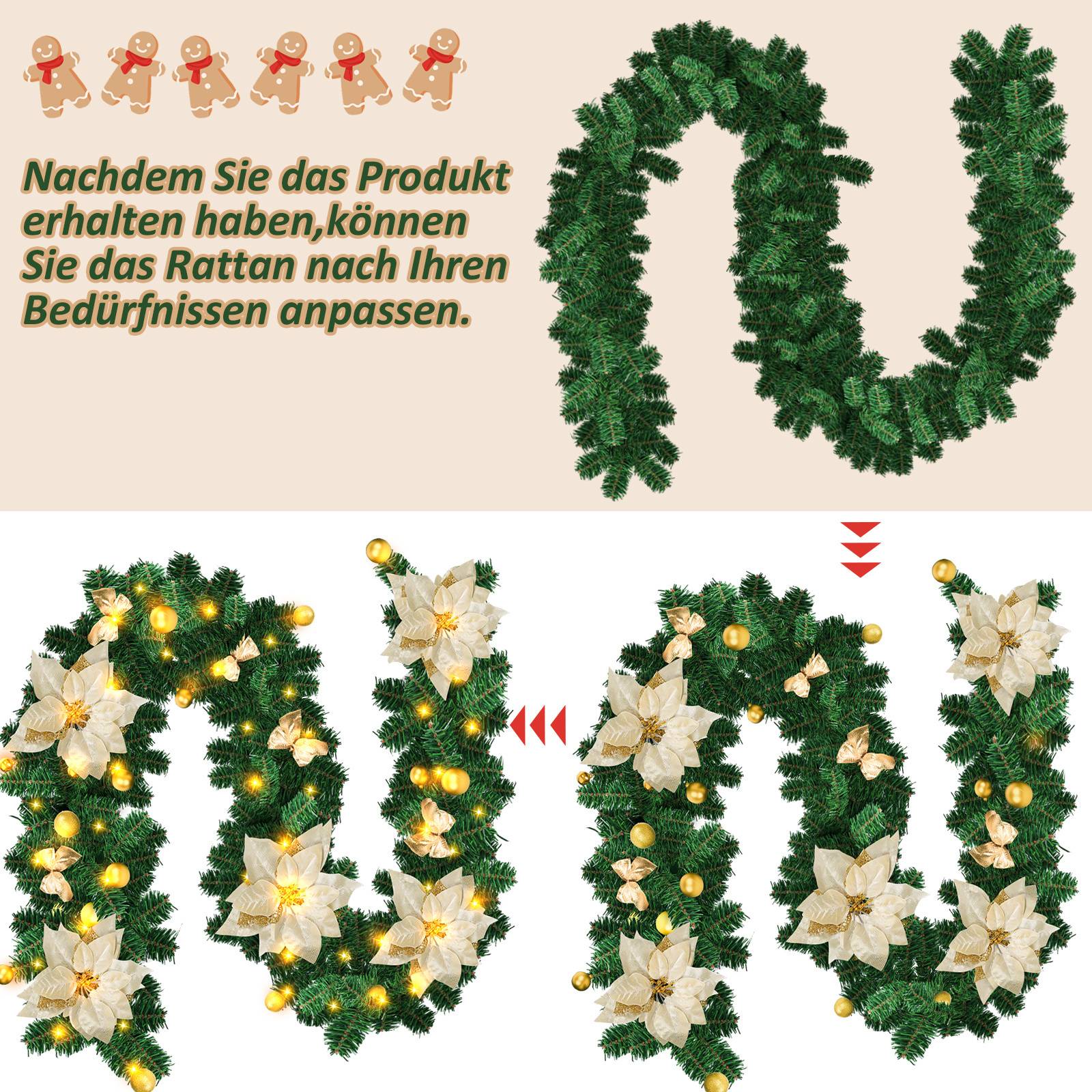 Weihnachtsgirlande mit 50 LEDs Innen Außen Grün 2.7m mit Gold dekorativen Weihnachtsdeko Weihnachten Girlande