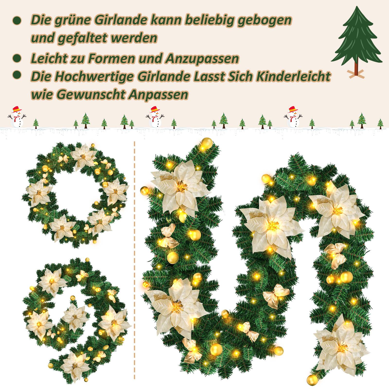 Weihnachtsgirlande mit 50 LEDs Innen Außen Grün 2.7m mit Gold dekorativen Weihnachtsdeko Weihnachten Girlande
