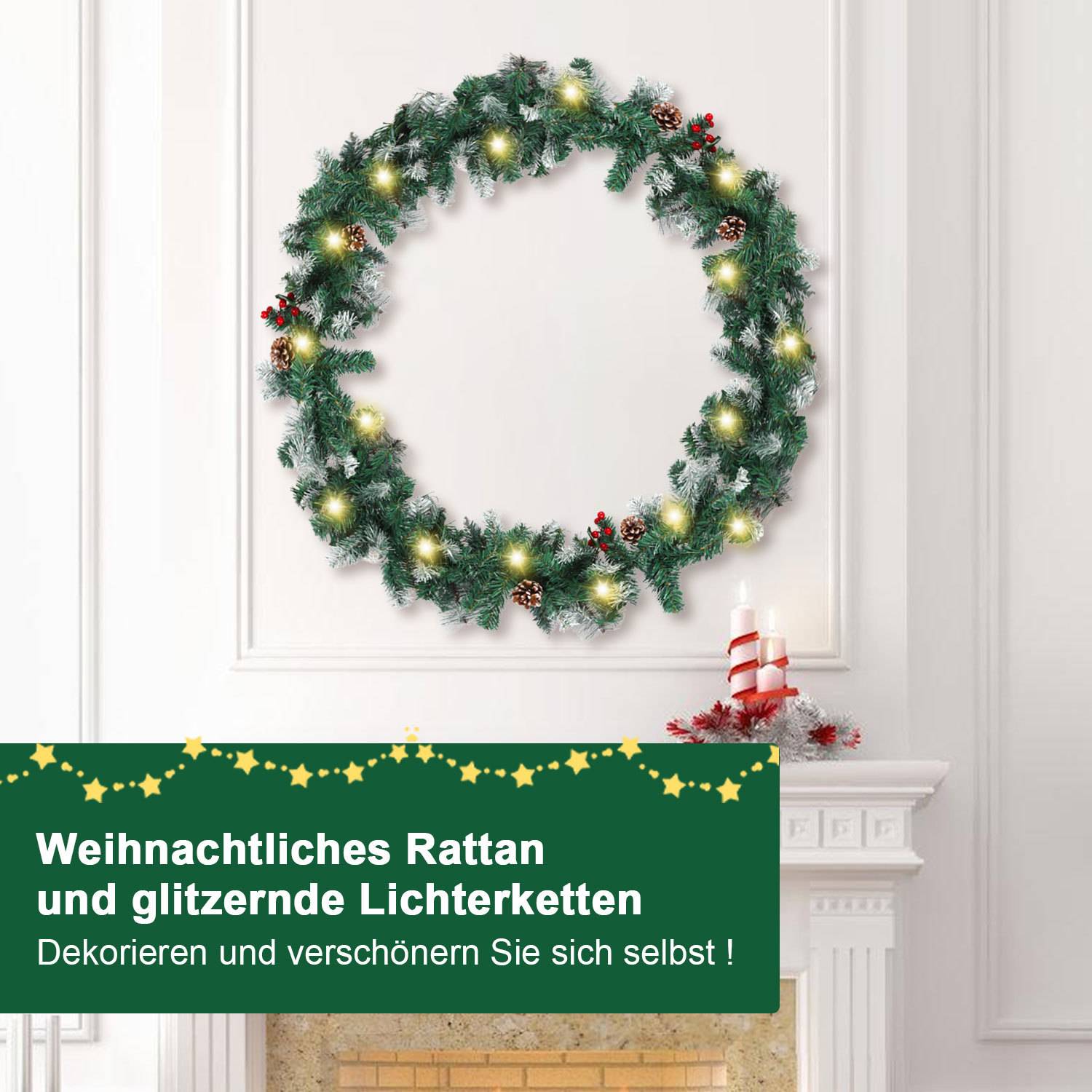 Künstliche Weihnachtsgirlande, 2.7 m, 50 warmweiße LED, mit Weihnachtsdekoration, USB-betrieben, batteriebetrieben, für Tür Fenster Treppe Kamin