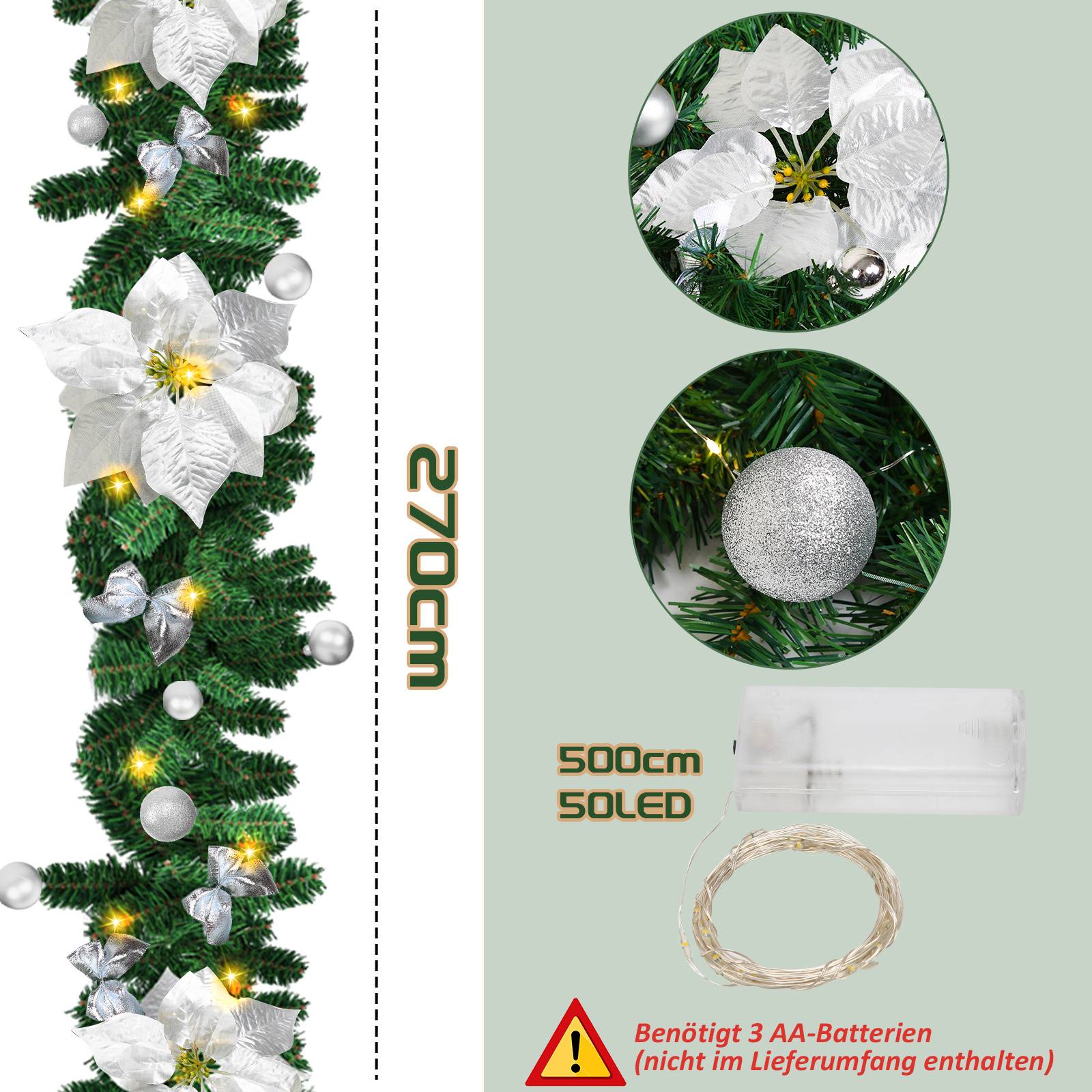Dekorative Weihnachtsgirlande mit weißen Blüten, silbernen Verzierungen und warmen Lichtern; 720 cm lang, mit 500 cm 50 LED, batteriebetrieben, Batterien nicht enthalten.