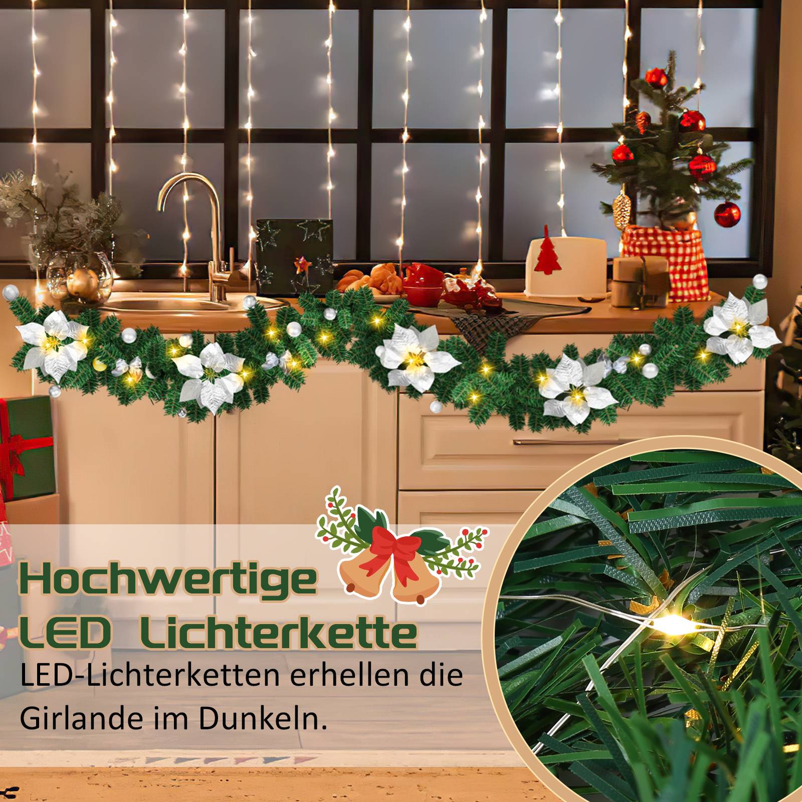 Weihnachtsküche, dekoriert mit einer leuchtenden LED-Girlande und weißen Blüten; eine Nahaufnahme zeigt die warmen Lichter, die im Grün leuchten.