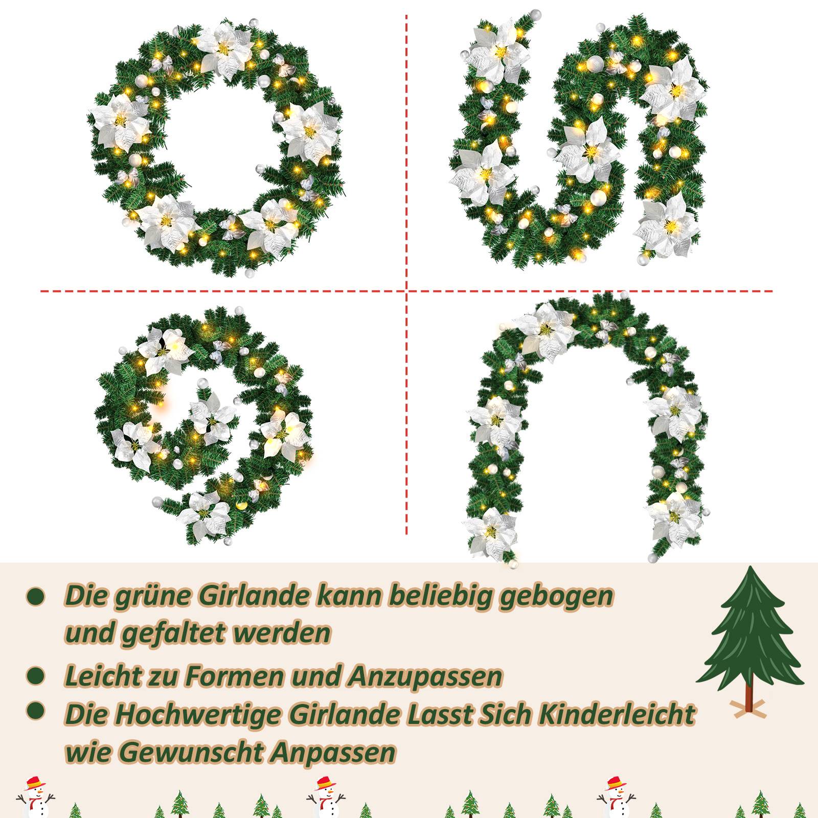 Werbegrafik mit einer grünen Weihnachtsgirlande, die in vier Formen gebogen ist: Kranz, Ziffer 9, Spiralkreis und Bogen. Der Text besagt, dass die Girlande leicht gebogen und geformt werden kann.