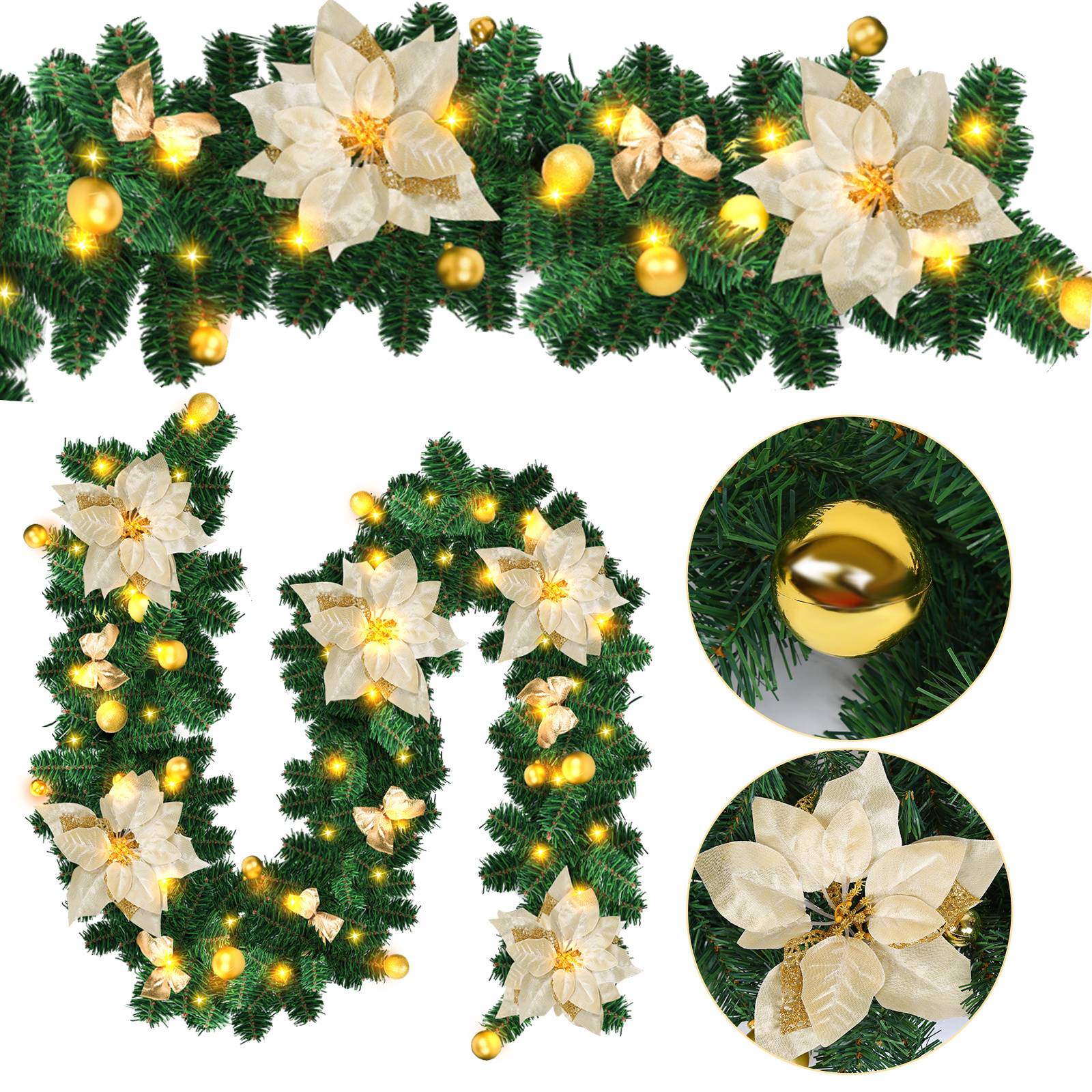 Weihnachtsgirlande in Form der Nummer 90 angeordnet, dekoriert mit weißen Weihnachtssternen, goldenen Ornamenten und warmen Lichterketten, gezeigt mit Detailkreisen in Nahaufnahme.