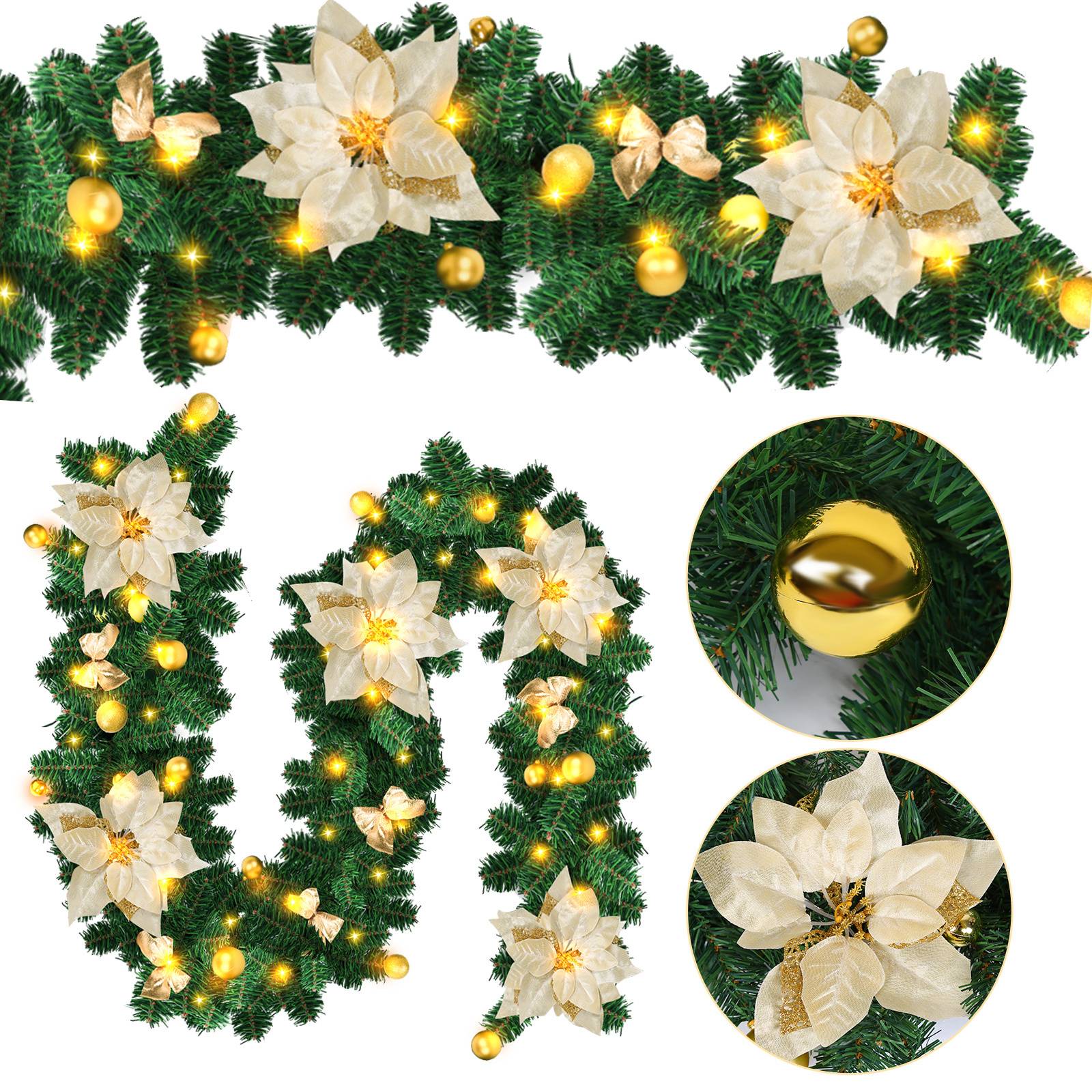Weihnachtsgirlande mit 50 LEDs Innen Außen Grün 2.7m mit Gold dekorativen Weihnachtsdeko Weihnachten Girlande