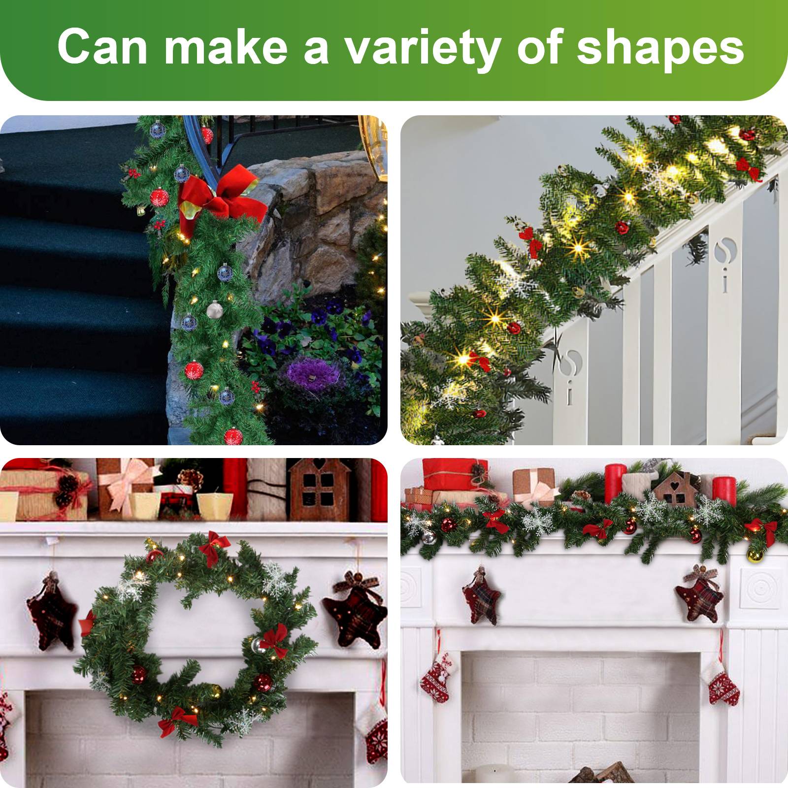 Collage zeigt eine flexible Weihnachtsgirlande mit Lichtern und Ornamenten an Treppen, Geländer und Kamin, die verschiedene Formen und Platzierungen demonstriert.