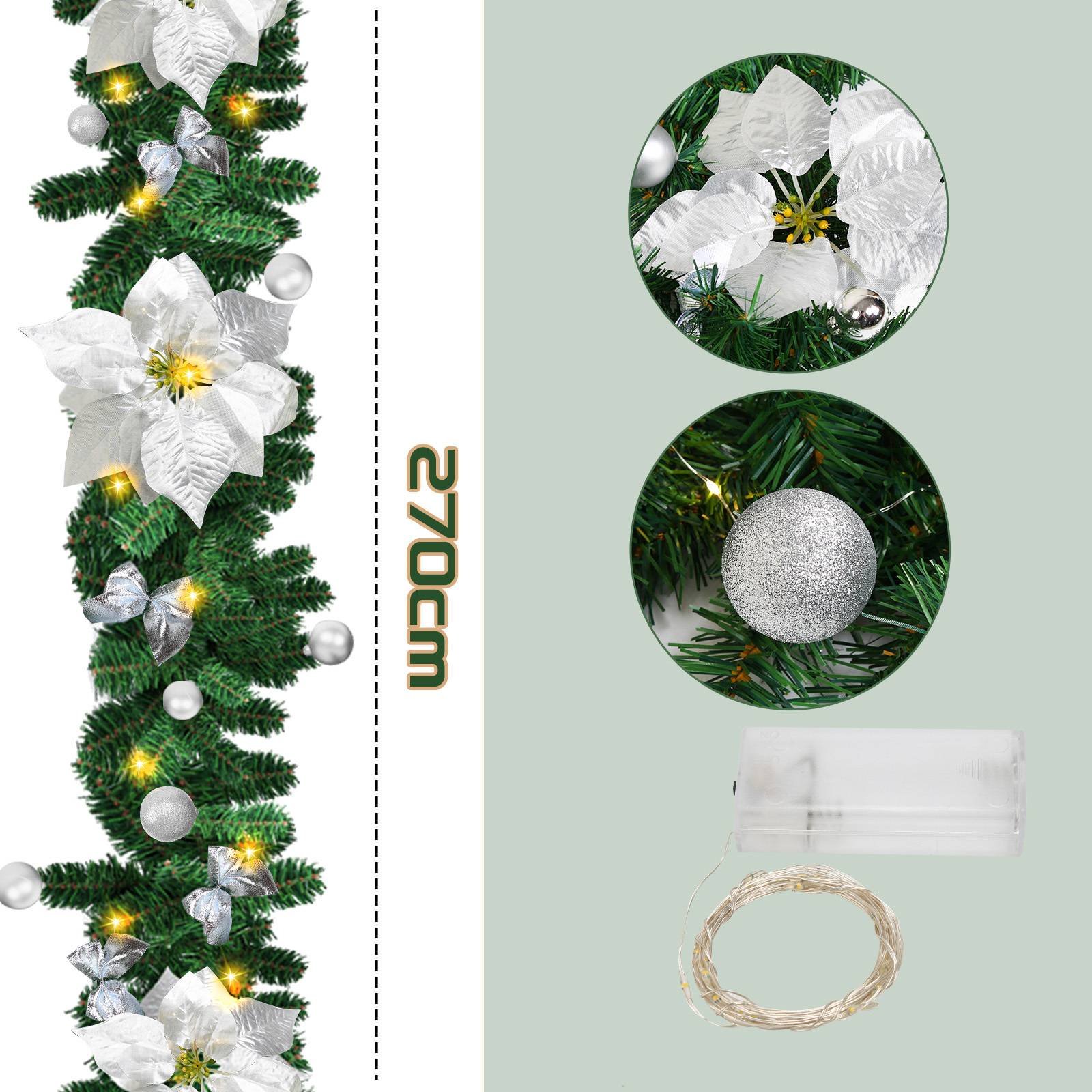 120 cm künstliche Weihnachtsgirlande mit weißen Weihnachtssternen, silbernen Ornamenten und warmem Feenlicht; enthält detaillierte Nahaufnahmen der Dekorationen und des Batteriepacks.