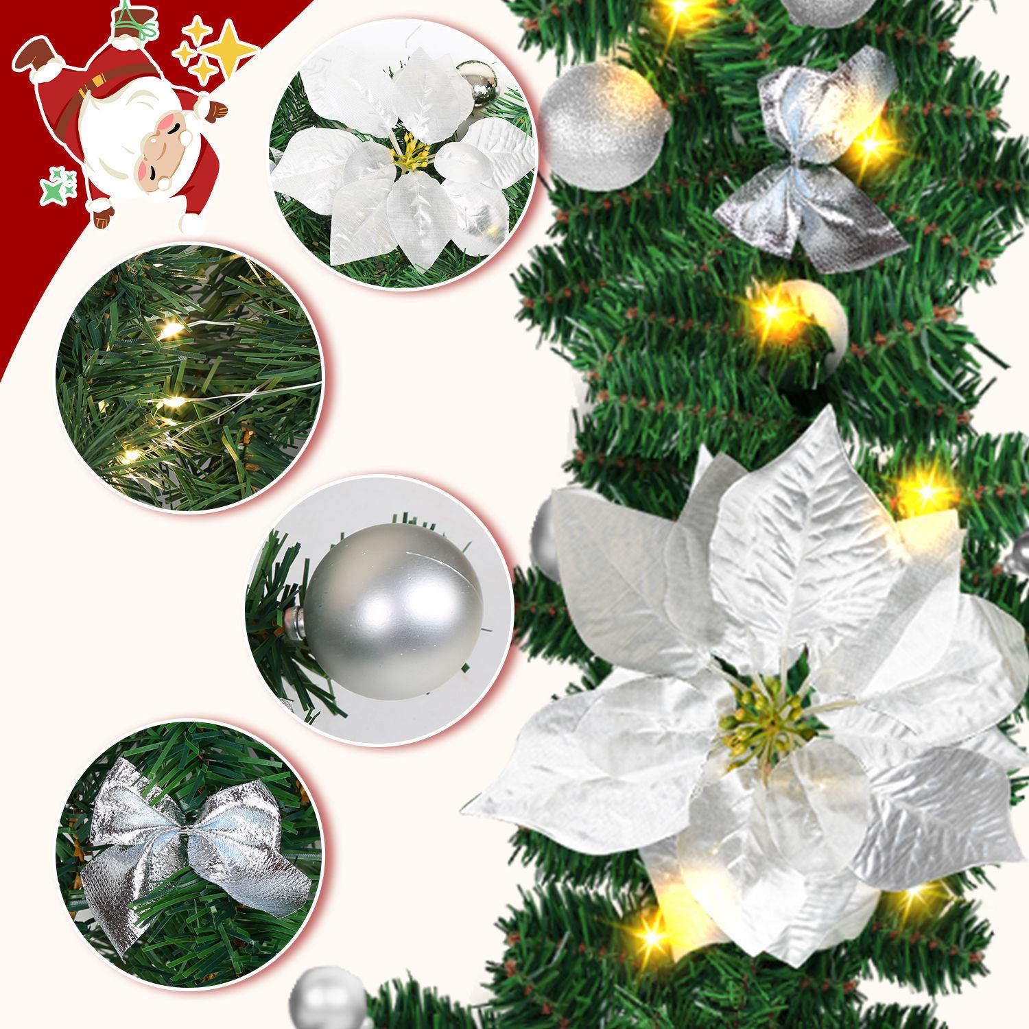 Mit silbernen Schleifen verzierter Weihnachtsbaum, silberne Kugeln, weiße Weihnachtsstern-Verzierung und warme Lichterketten; eingesetzte Kreise zeigen vergrößerte Details.