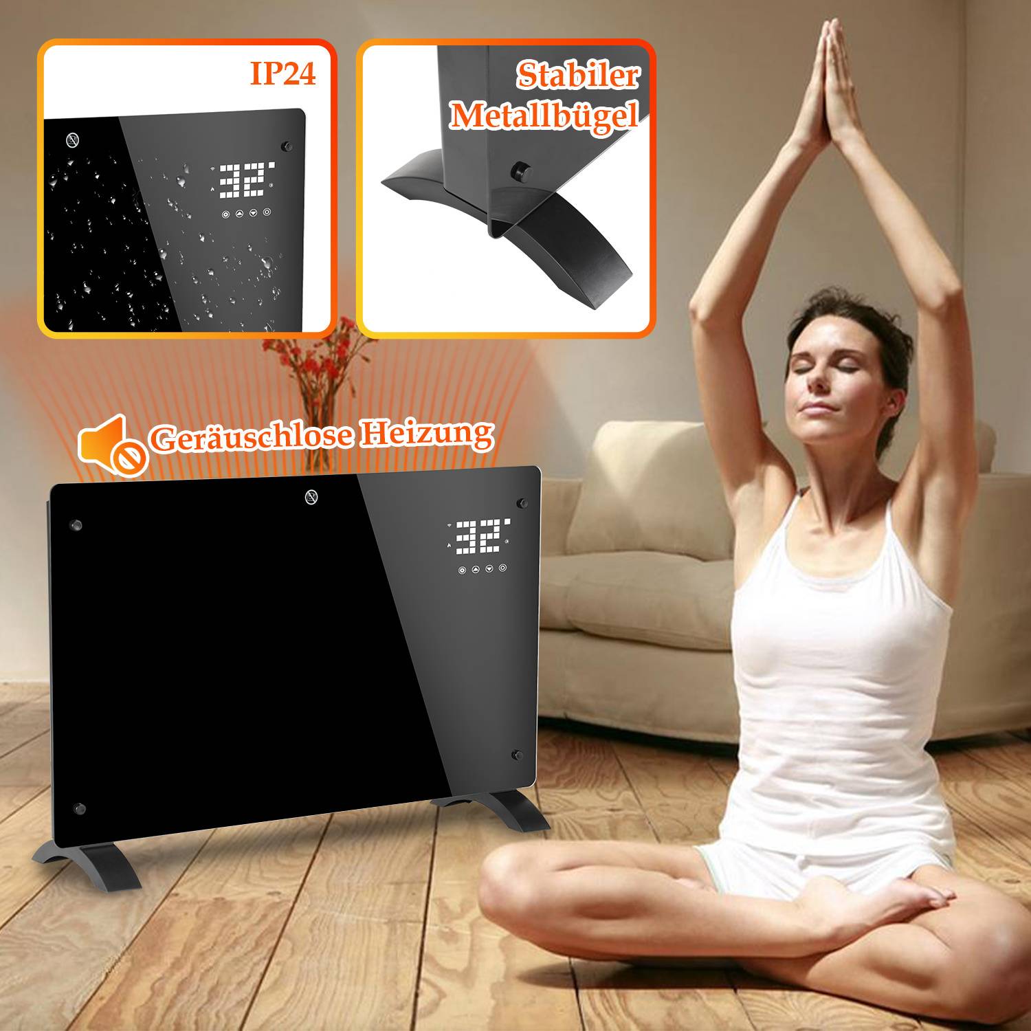 Elektroheizung Konvektionsheizgerät Elektro Heizung LCD 2000 W Standgerät/WandKonvektor timer Schwarz