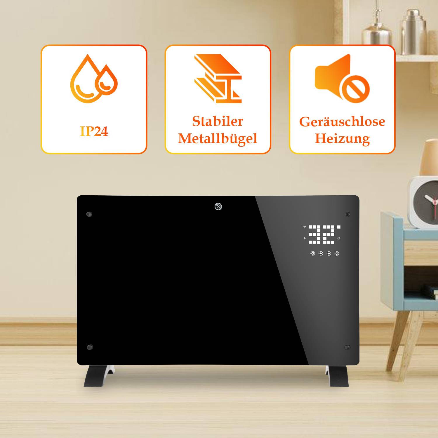 Elektroheizung Konvektionsheizgerät Elektro Heizung LCD 2000 W Standgerät/WandKonvektor timer Schwarz