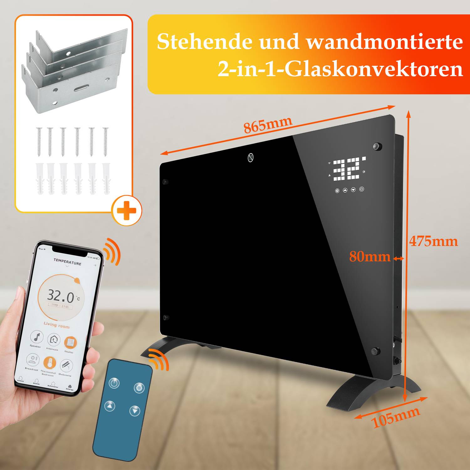 Elektroheizung Konvektionsheizgerät Elektro Heizung LCD 2000 W Standgerät/WandKonvektor timer Schwarz