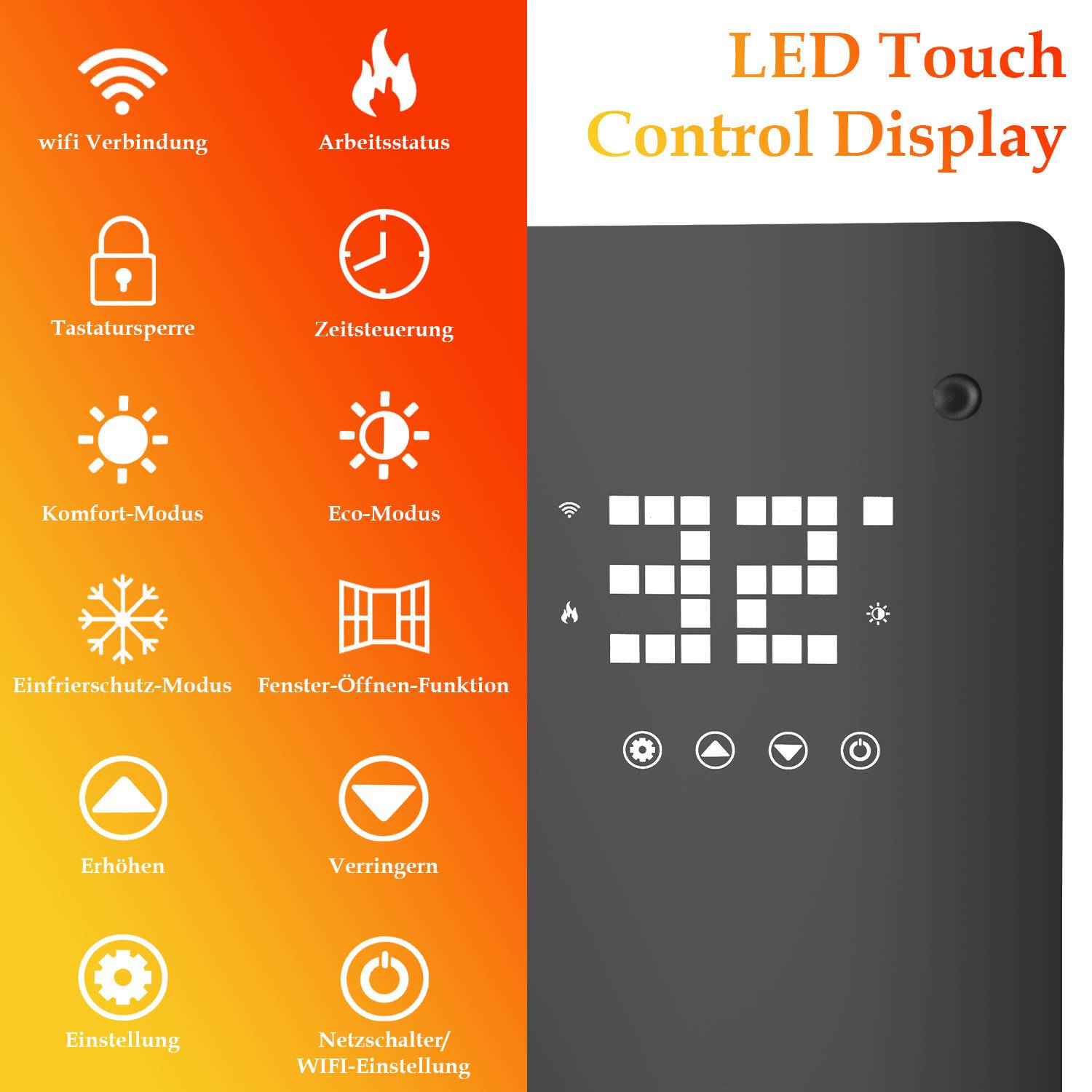 Elektroheizung Konvektionsheizgerät Elektro Heizung LCD 2000 W Standgerät/WandKonvektor timer Schwarz