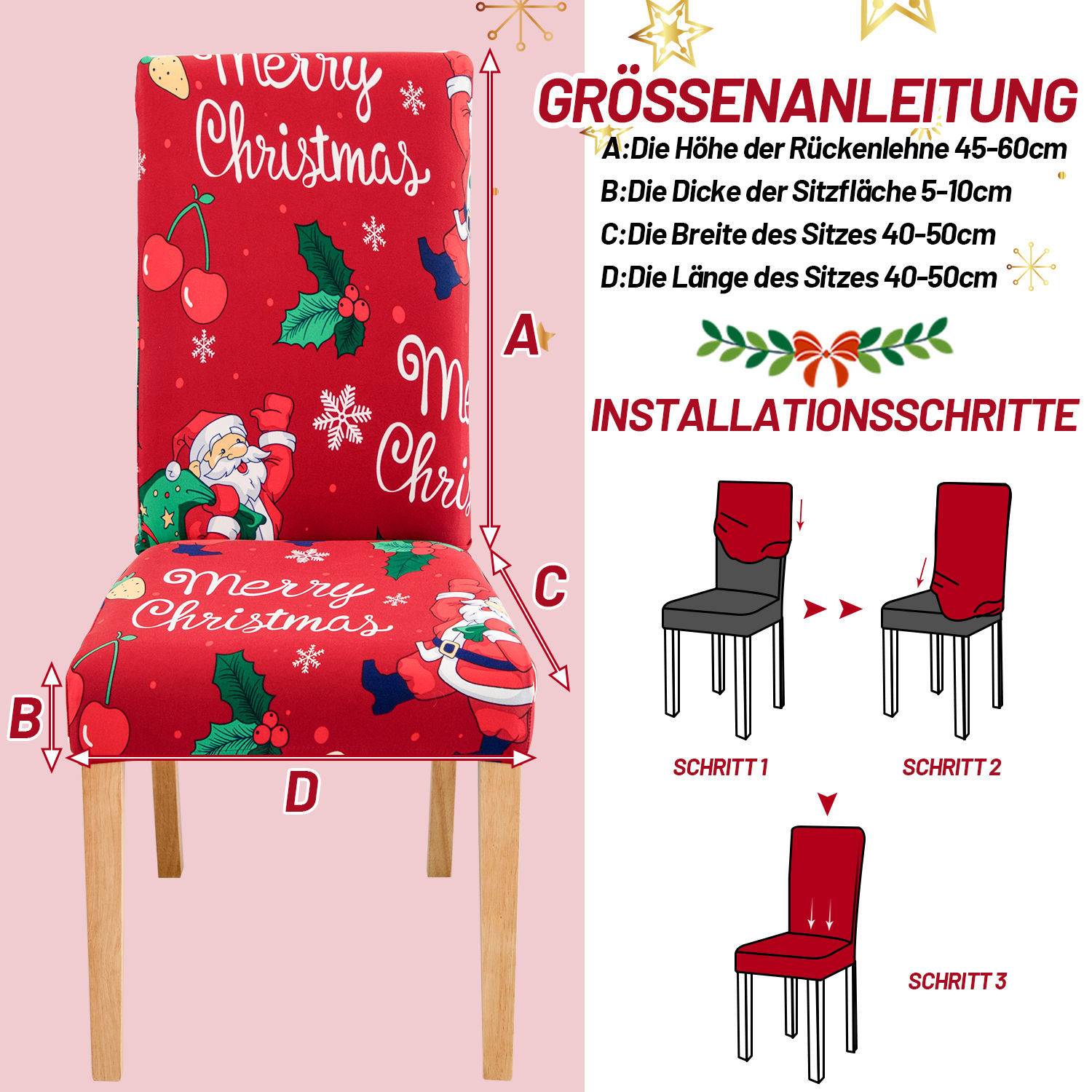 Stuhlhussen Weihnachten Weihnachten Stuhlbezug Digitaldruck Elastische Sitzbezüge Stretch Hohe Rückenlehne Schonbezüge für Christmasel Bank 12er