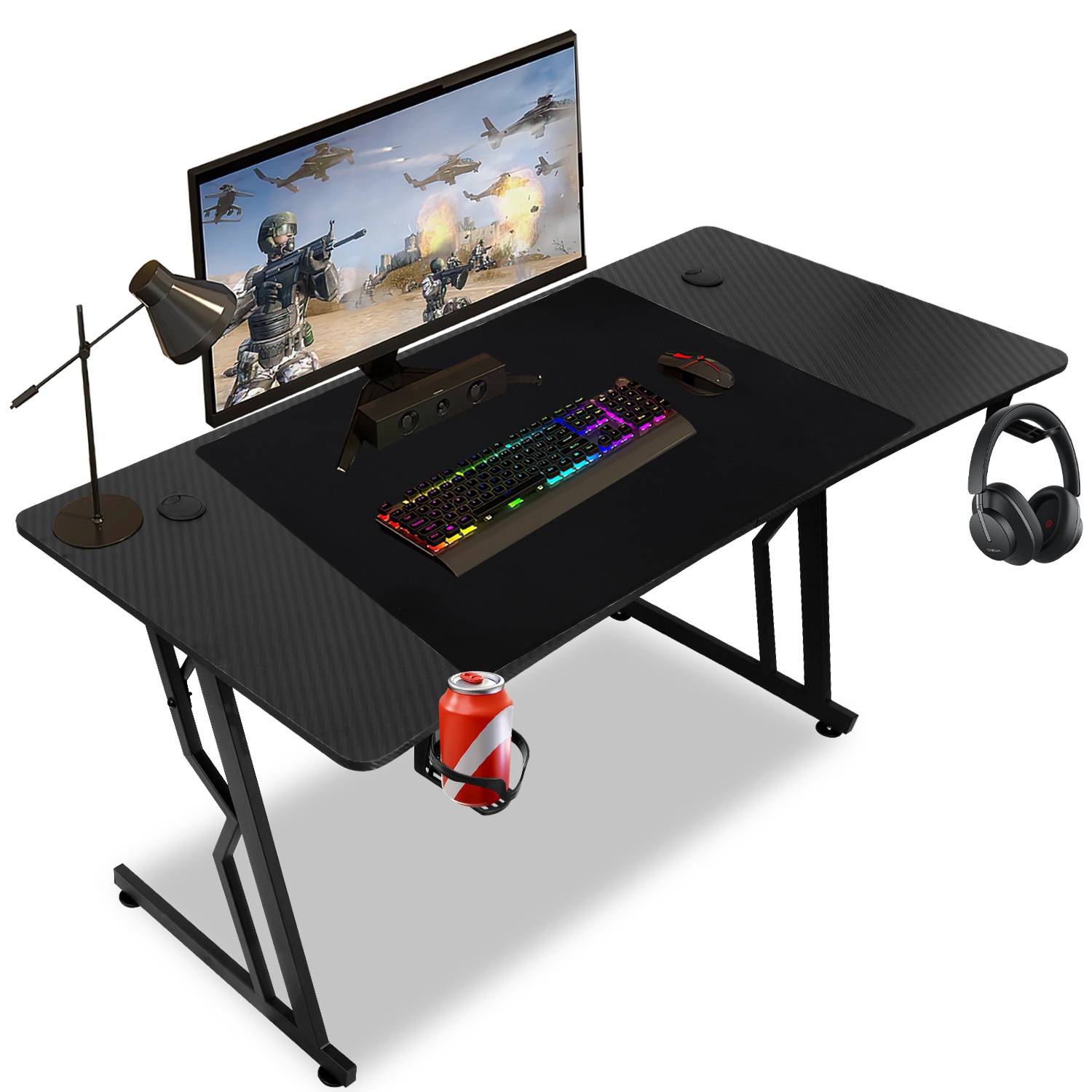 Gaming Tisch Eckschreibtischer 140x60cm PC Schreibtisch Gamer Computertisch Bürotisch mit Headsethalterung und Getränkehalter Gamingtisch für Heim
