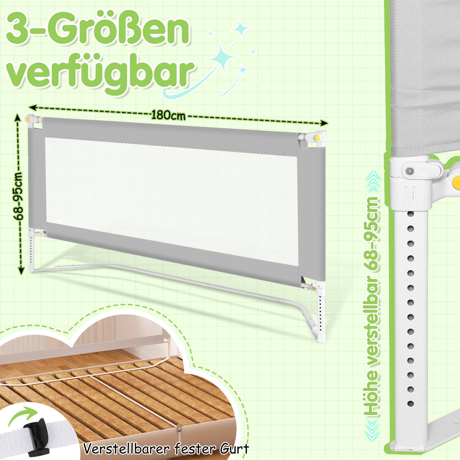 3x Bettgitter Bettschutzgitter Kinderbettgitter klappbarer Babybettgitter Rausfallschutz für Kinder- & Elternbetten Bett Grau (2x200cm+1x180cm)