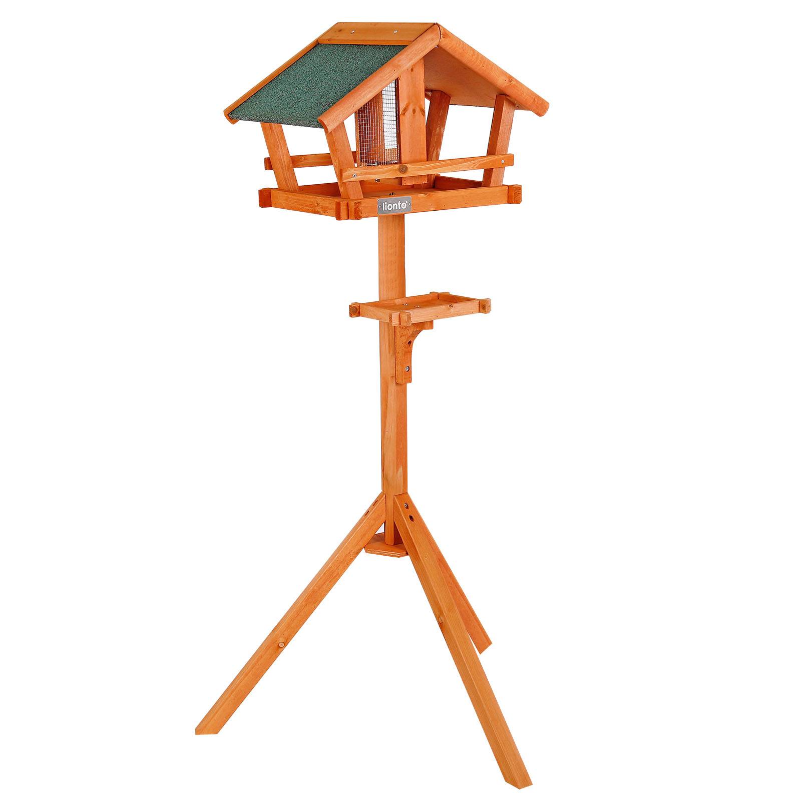 lionto Vogelhaus, wetterfeste Futterstation aus Tannenholz mit Silo, Ständer & Bitumendach, ideal für Wildvögel im Garten, auf Balkon & Terrasse