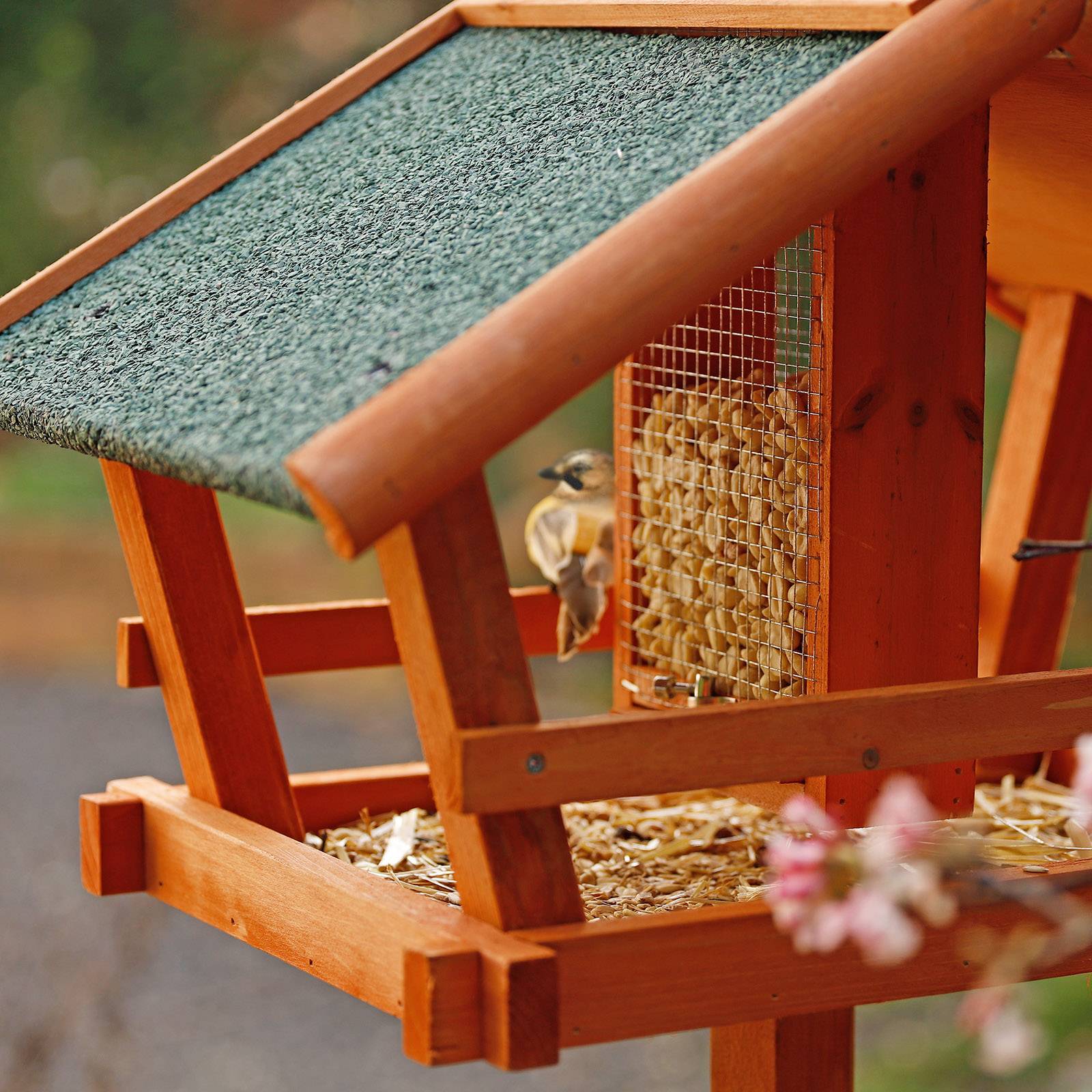 lionto Vogelhaus, wetterfeste Futterstation aus Tannenholz mit Silo, Ständer & Bitumendach, ideal für Wildvögel im Garten, auf Balkon & Terrasse