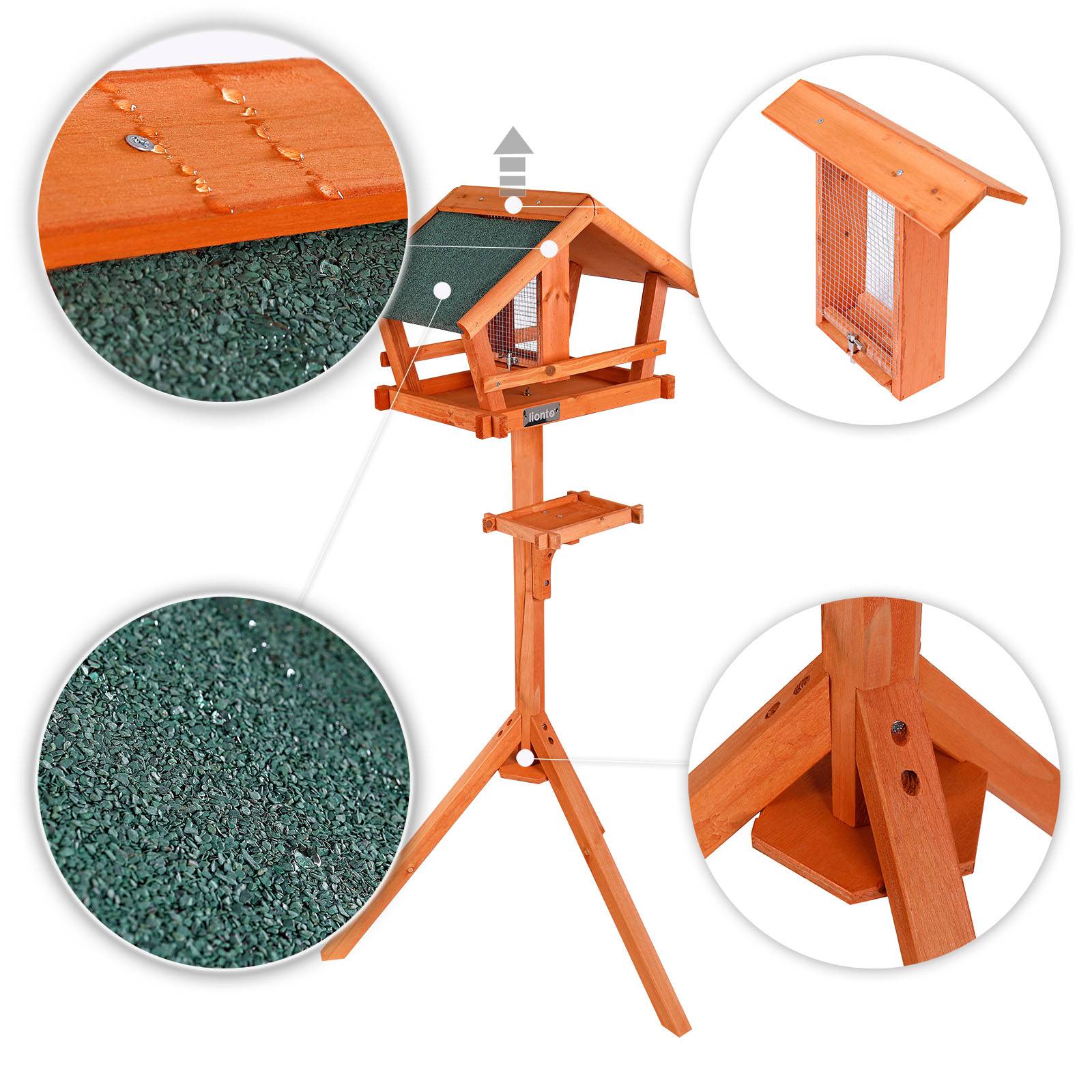 lionto Vogelhaus, wetterfeste Futterstation aus Tannenholz mit Silo, Ständer & Bitumendach, ideal für Wildvögel im Garten, auf Balkon & Terrasse