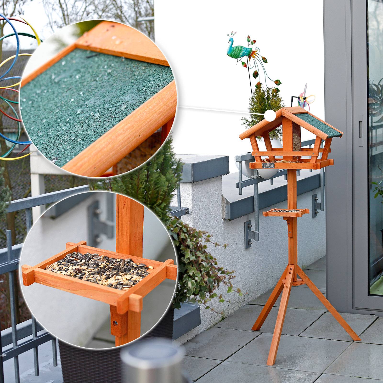 lionto Vogelhaus, wetterfeste Futterstation aus Tannenholz mit Silo, Ständer & Bitumendach, ideal für Wildvögel im Garten, auf Balkon & Terrasse