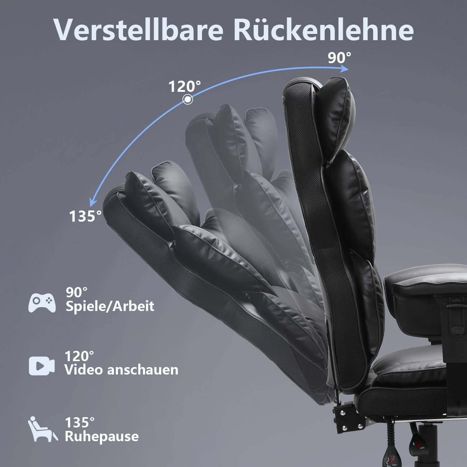 Gaming Stuhl Ergonomischer Bürostuhl mit verstellbarer Fußstütze 150kg Belastbarkeit 135° Neigung Lordosenstütze PC Stuhl Schreibtischstuhl