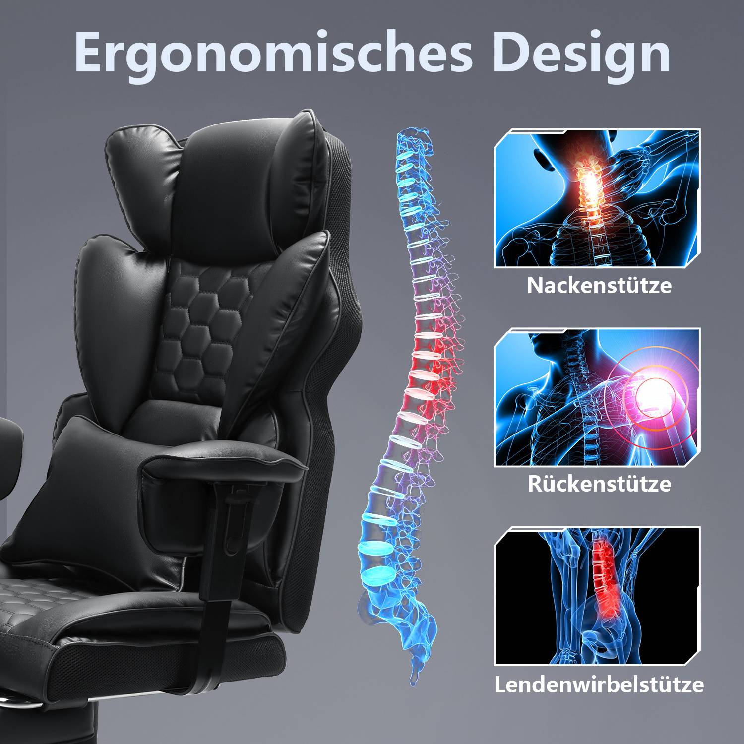 Gaming Stuhl mit Fußstütze Ergonomischer Bürostuhl verstellbare Lordosenstütze 150kg Belastbarkeit 135° Rückenneigung PC Stuhl für Büro und Ga