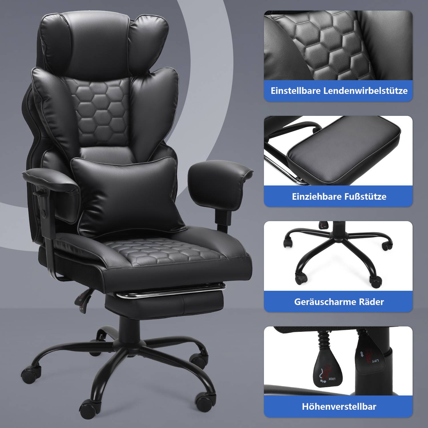 Gaming Stuhl Ergonomischer Bürostuhl mit verstellbarer Fußstütze 150kg Belastbarkeit 135° Neigung Lordosenstütze PC Stuhl Schreibtischstuhl