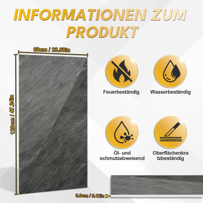 0,72m² PVC Wandverkleidung Wandpaneelen Marmoroptik, Bad & Küche , Alternative zu Fliesen & Marmor, 120x60cm, Bad & Küchenfliese, Grau