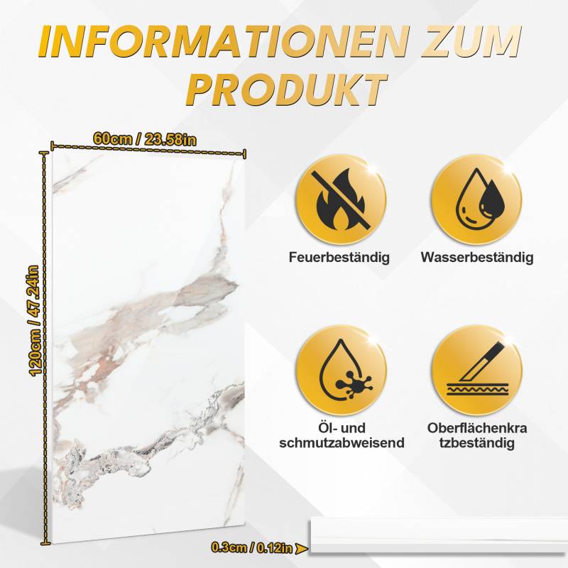 0,72m² PVC Wandverkleidung Wandpaneelen Marmoroptik, Bad & Küche , Alternative zu Fliesen & Marmor, 120x60cm, Bad & Küchenfliese, Weißgold