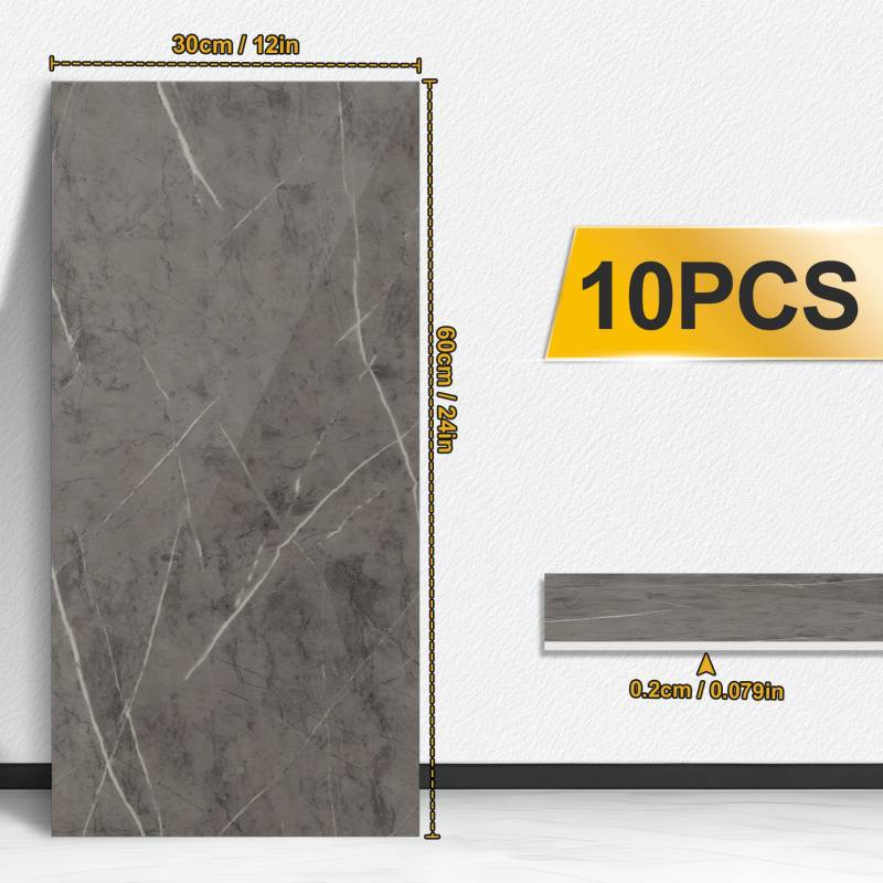 10x Fliesenaufkleber grau Marmor, 60 x 30 cm, Küchenrückwand, Selbstklebende Fliesen, Klebefliesen Küche Wandpaneele für Wanddeko Schlafzimmer Woh
