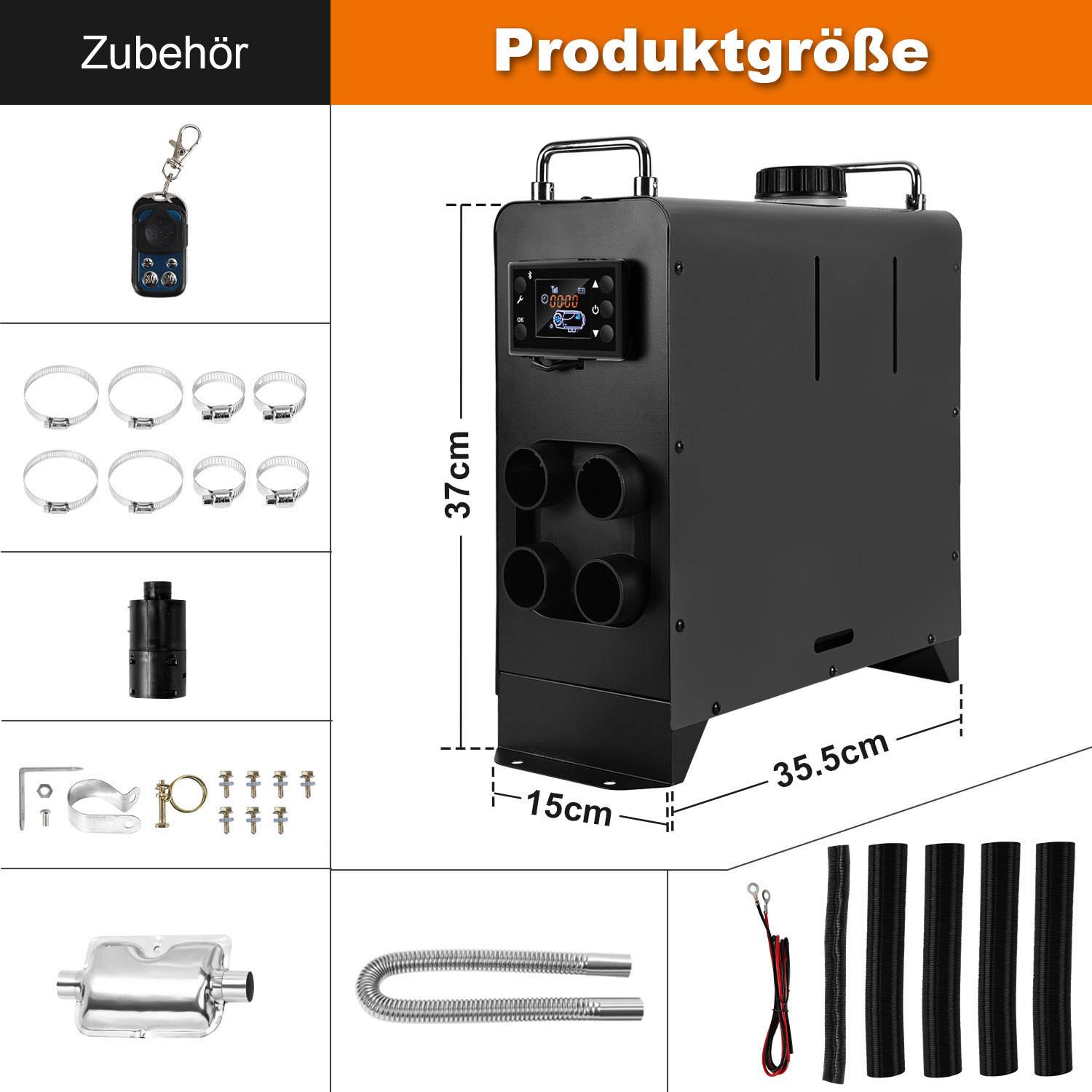 12/24V DC 8KW bluetooth Diesel Heizung Standheizung Tragbarer Luftheizung Compact 0,32 l/h Tragbare Dieselheizung, Schwarz