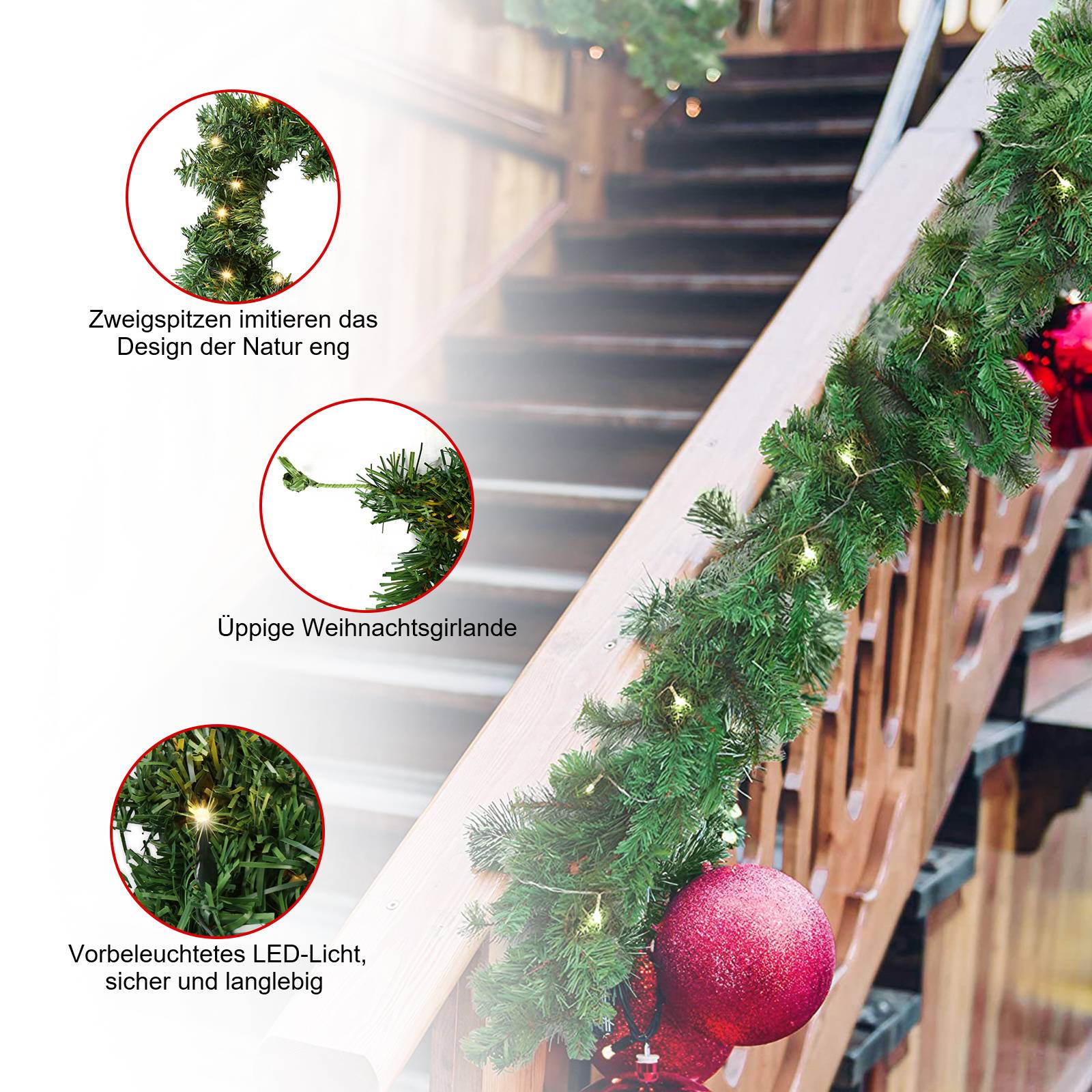 Weihnachtsgirlande mit integrierter Lichterkette mit Beleuchtung 5 m grün mit 100 LEDs