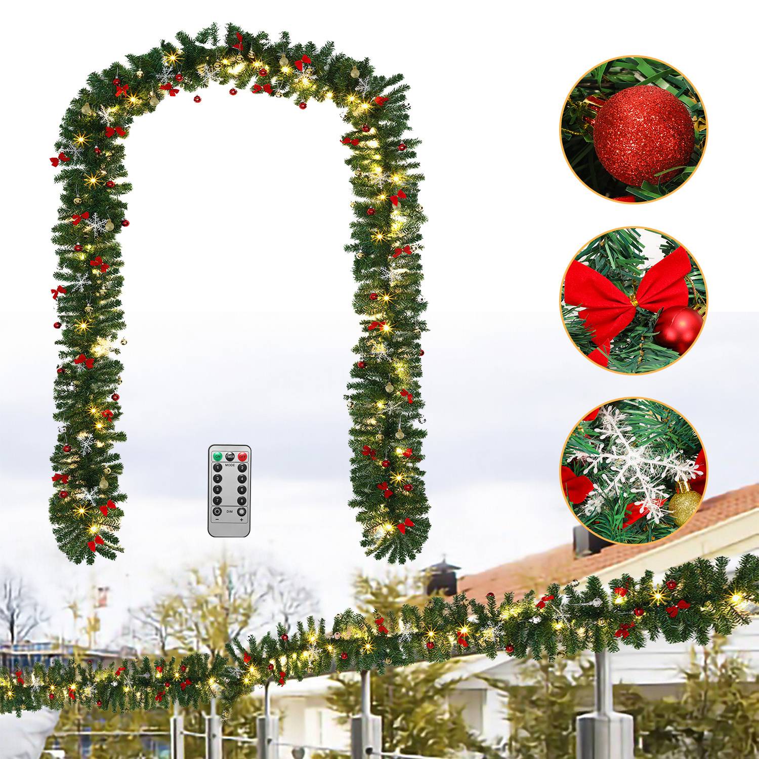 Weihnachtsgirlande mit Beleuchtung Lichterkette Deko 100 LEDs Innen Außen Grün 5M mit dekorativen mit Fernbedienung