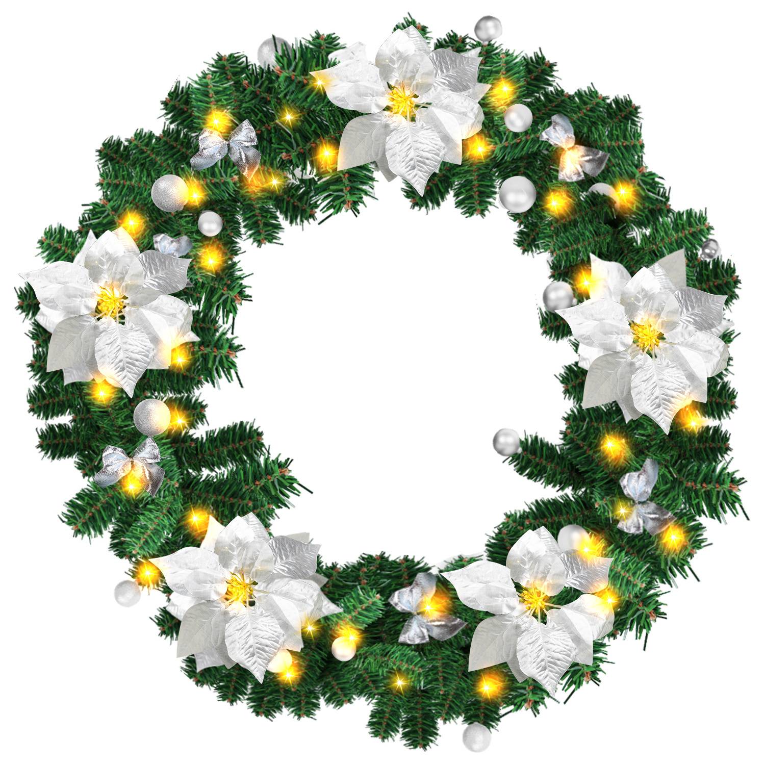 Weihnachtsgirlande mit Beleuchtung Lichterkette Deko 50 LEDs Innen Außen Grün 2.7m mit Silber dekorativen