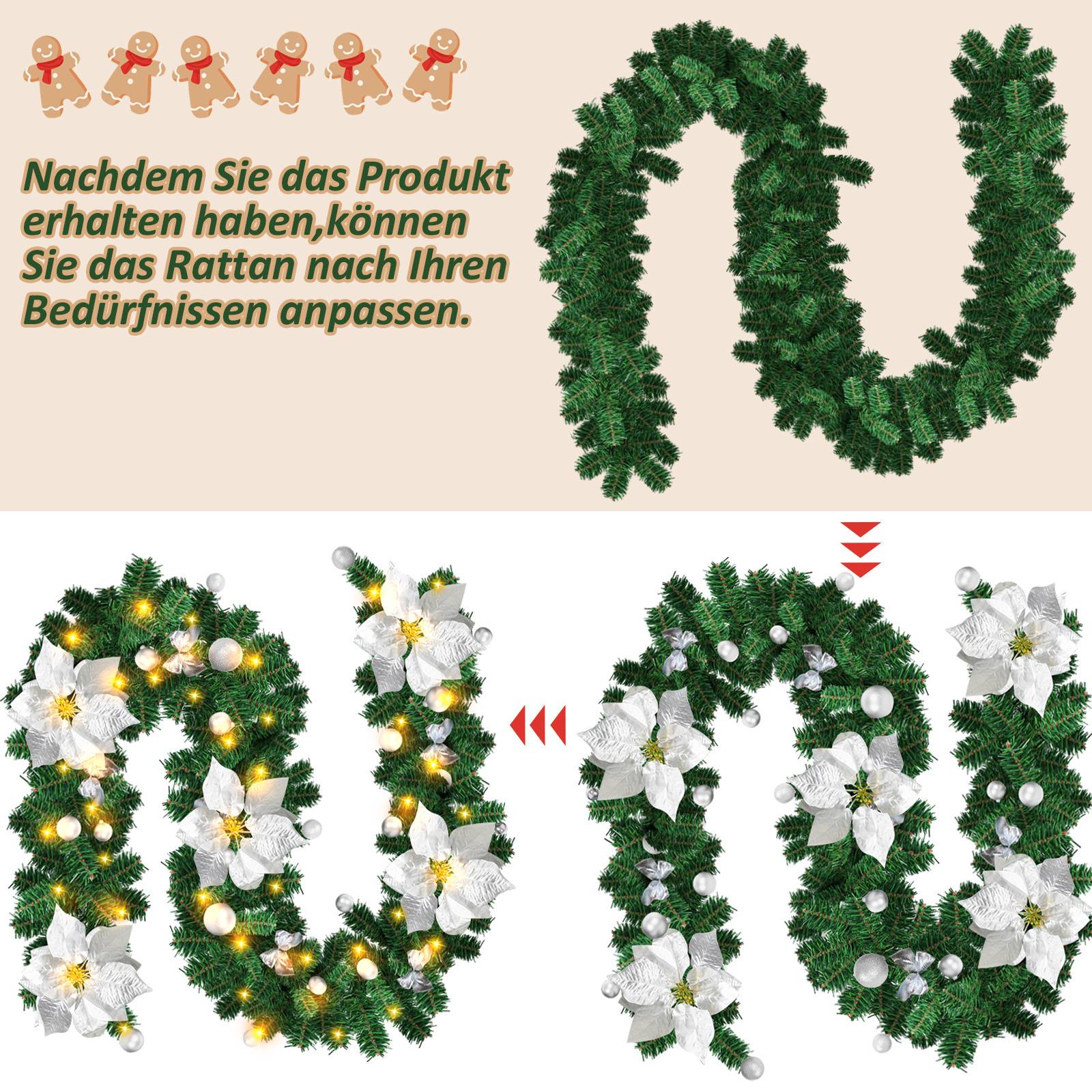 Weihnachtsgirlande mit Beleuchtung Lichterkette Deko 50 LEDs Innen Außen Grün 2.7m mit Silber dekorativen