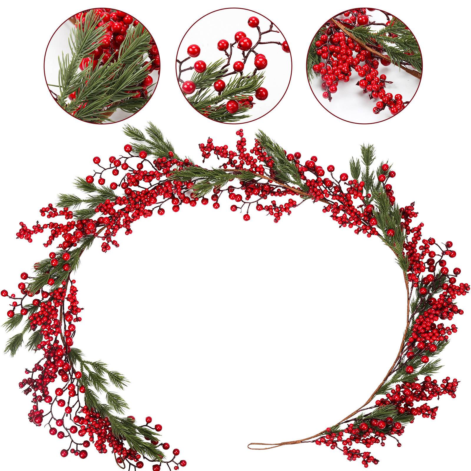 Weihnachtsgirlande mit Deko Innen Außen Grün 1.8m mit Rot Beerenbündeln Weihnachtsdeko Weihnachten