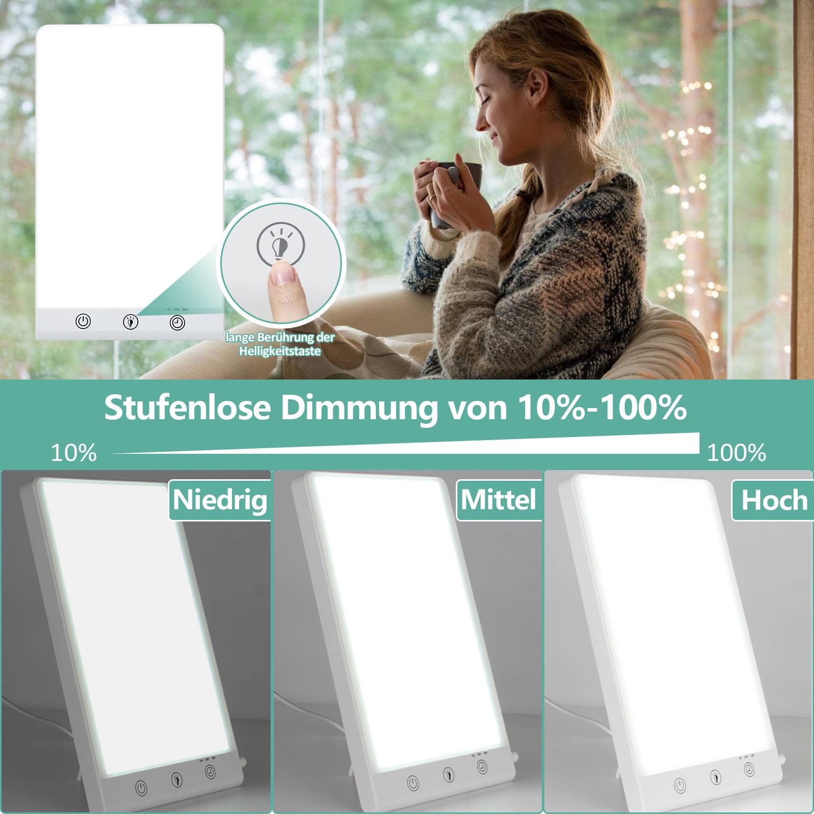 Tageslichtlampe 10000 Lux lampe mit Memory Funktion UV-Frei Sonnenlicht Lampe mit Touch-Steuerung, Stufenlosem Dimmen, Faltbar Halterung