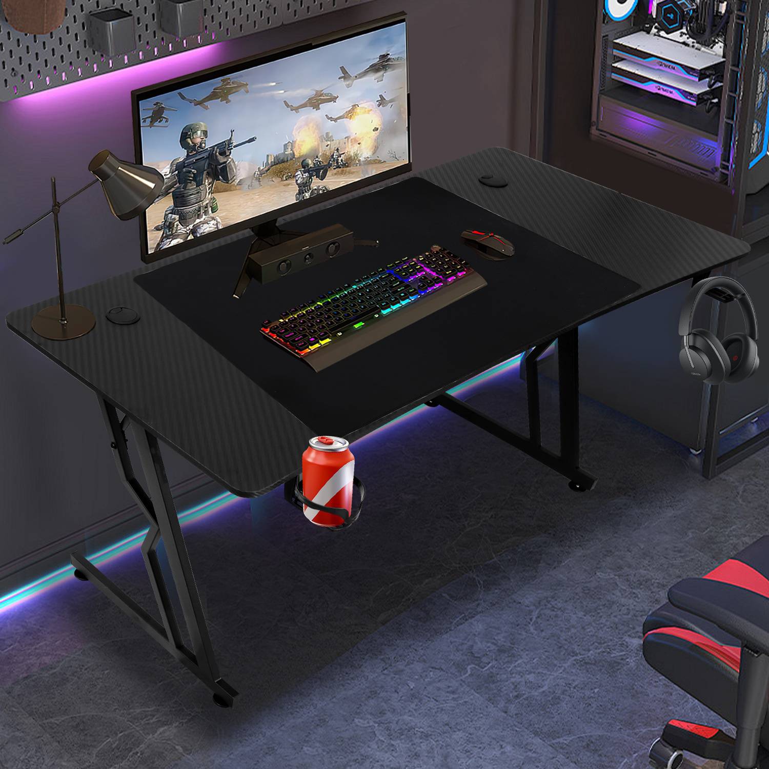 Gaming Tisch Eckschreibtischer 140x60cm PC Schreibtisch Gamer Computertisch Bürotisch mit Headsethalterung und Getränkehalter Gamingtisch für Heim