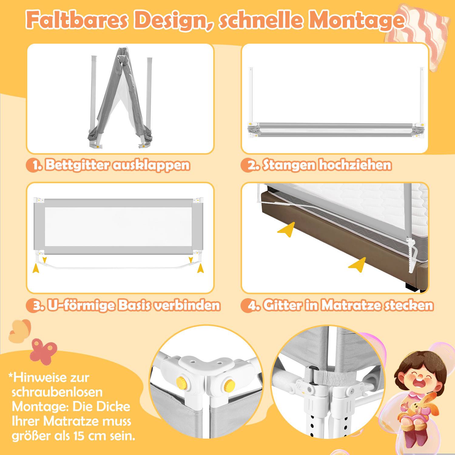 200cm Bettschutzgitter Kinder Bettgitter Höhenverstellbar Kinderbettgitter für Familienbett und Kinderbett, Rausfallschutz für Kinder- & Elternbett