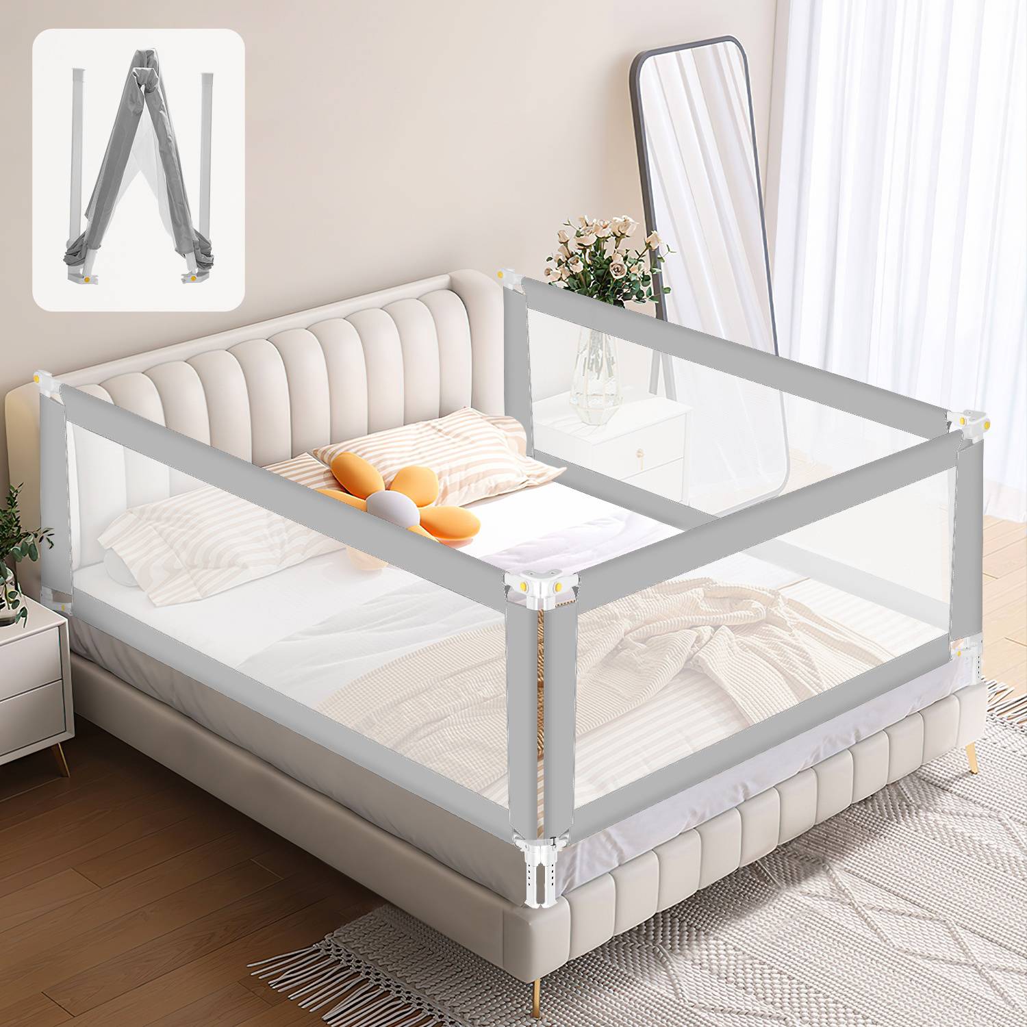 180cm Bettschutzgitter Kinder Bettgitter Höhenverstellbar Kinderbettgitter für Familienbett und Kinderbett, Rausfallschutz für Kinder- & Elternbett