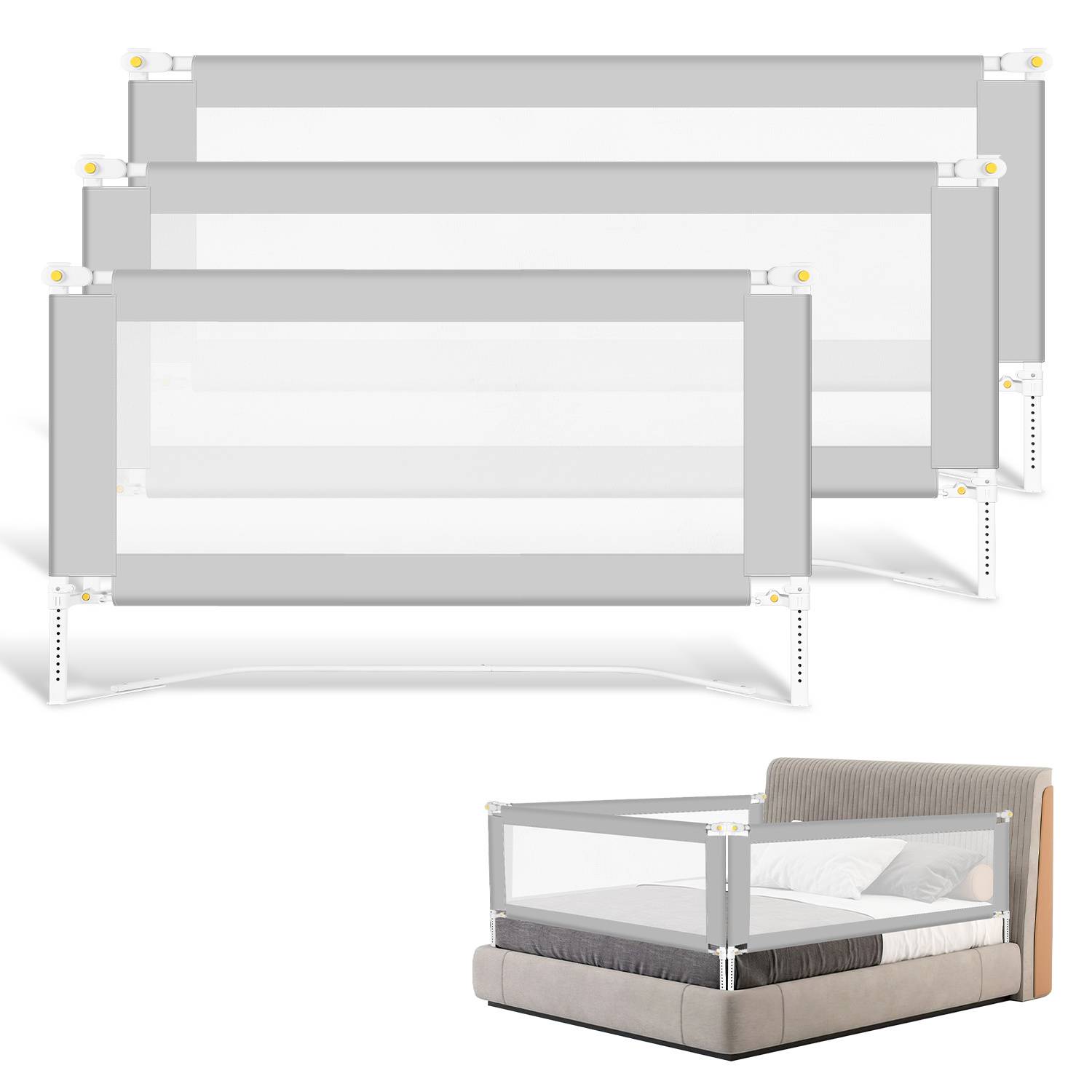 3x Bettgitter Bettschutzgitter Kinderbettgitter klappbarer Babybettgitter Rausfallschutz für Kinder- & Elternbetten Bett Grau (2x180cm+1x150cm)