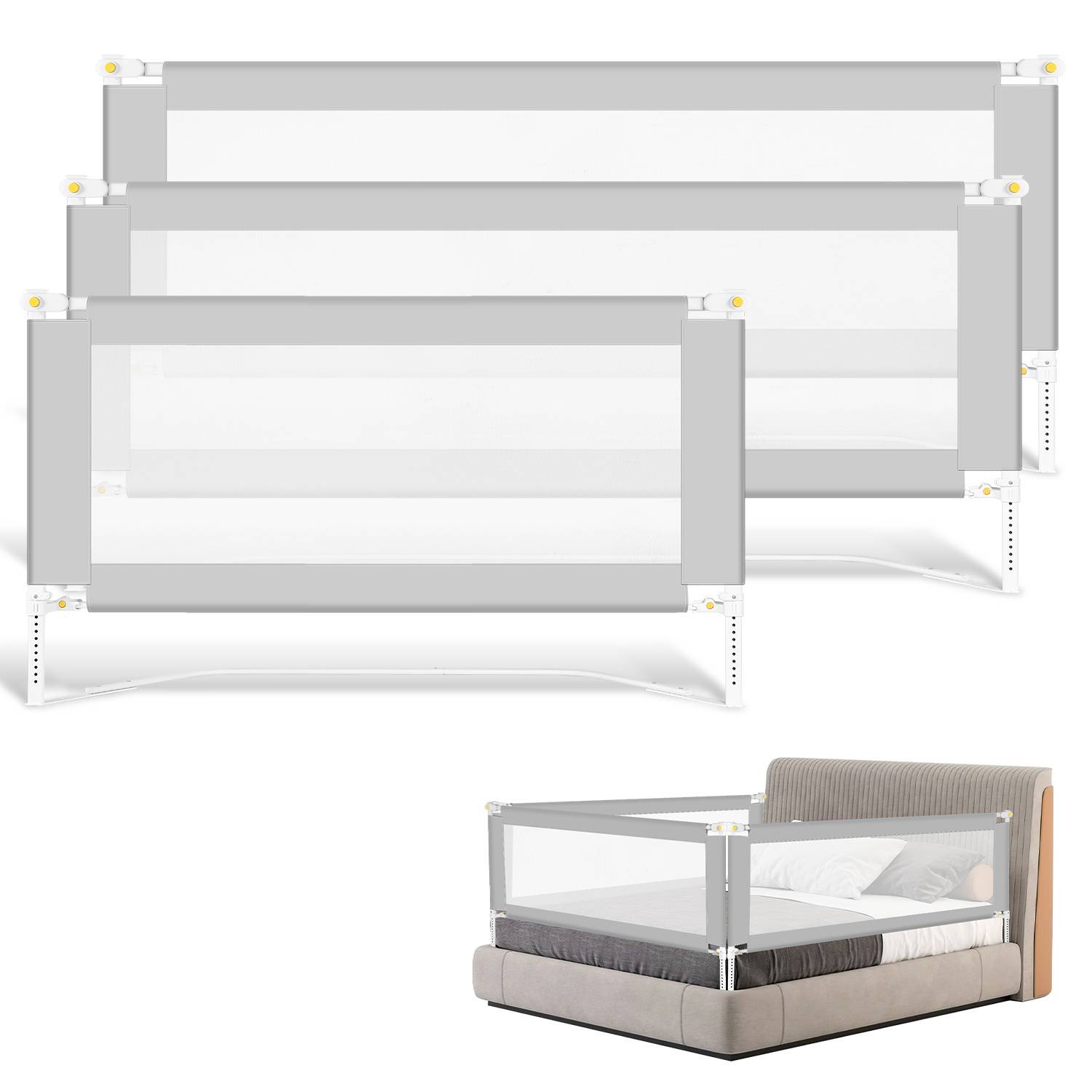 3x Bettgitter Bettschutzgitter Kinderbettgitter klappbarer Babybettgitter Rausfallschutz für Kinder- & Elternbetten Bett Grau (2x200cm+1x150cm)