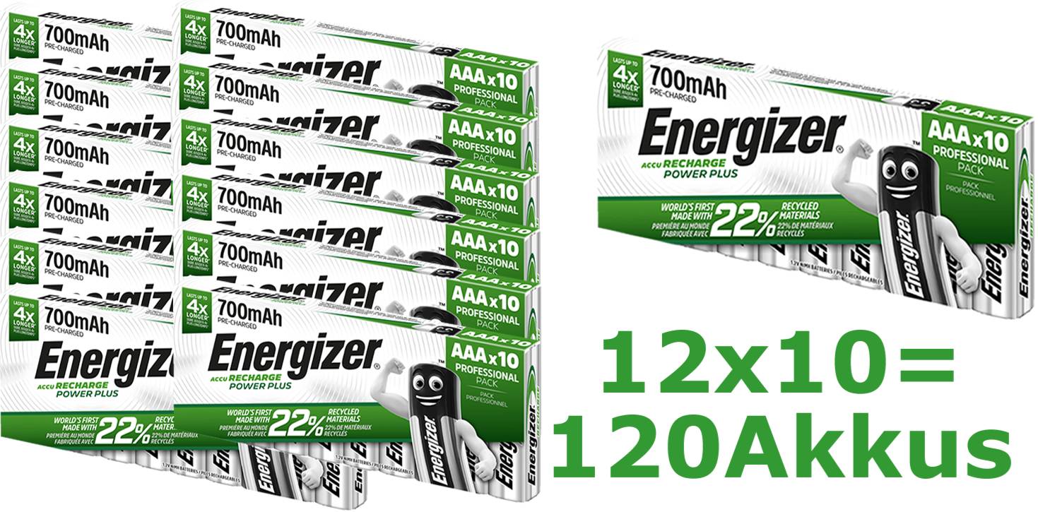 12x Energizer PowerPlus Akku HR03-​AAA-Micro 700 mAH Pre-​Charged - 10er Pack