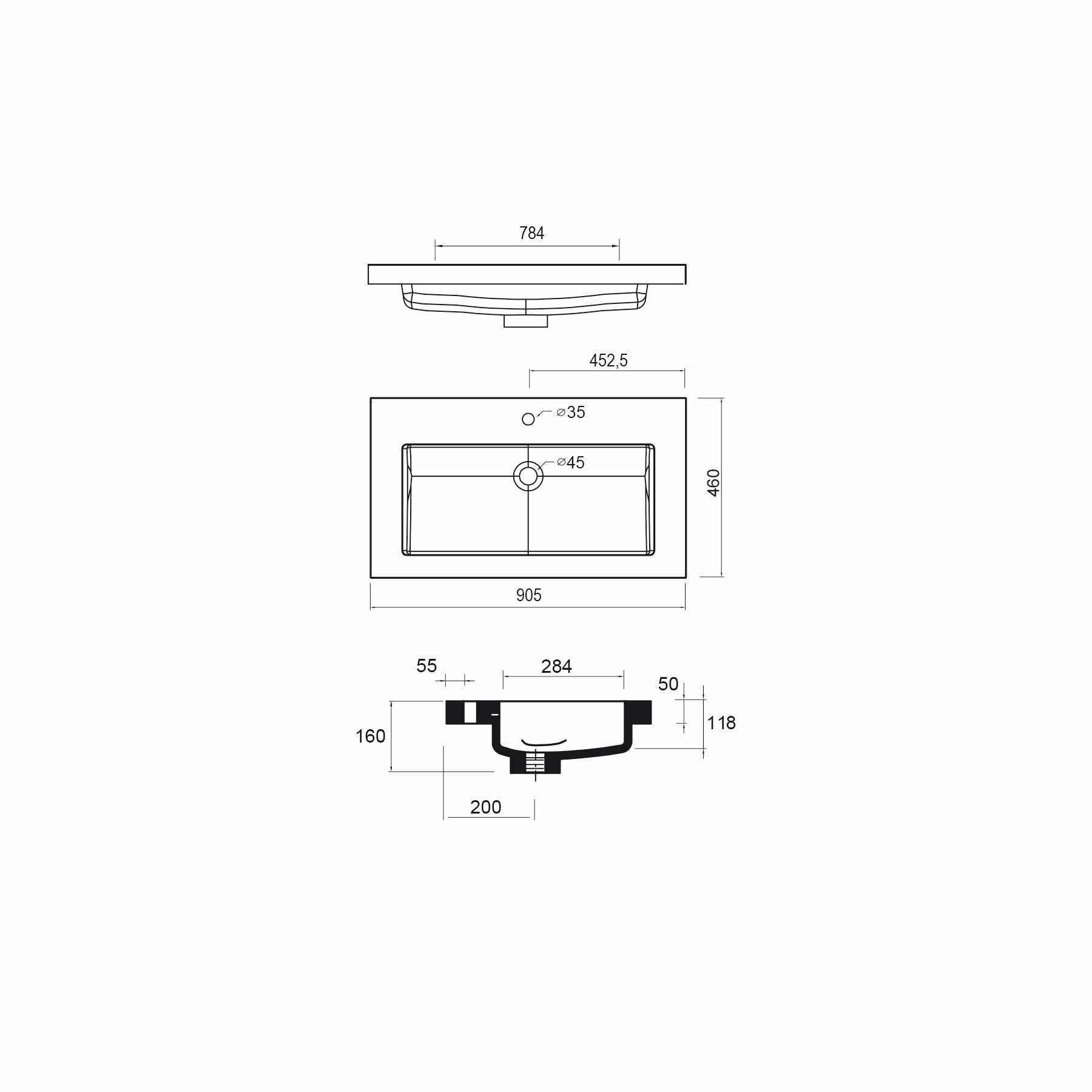 Waschtisch TOSCANA 905 MINERALGUSS WEIß 905 x 50 x 460 mm