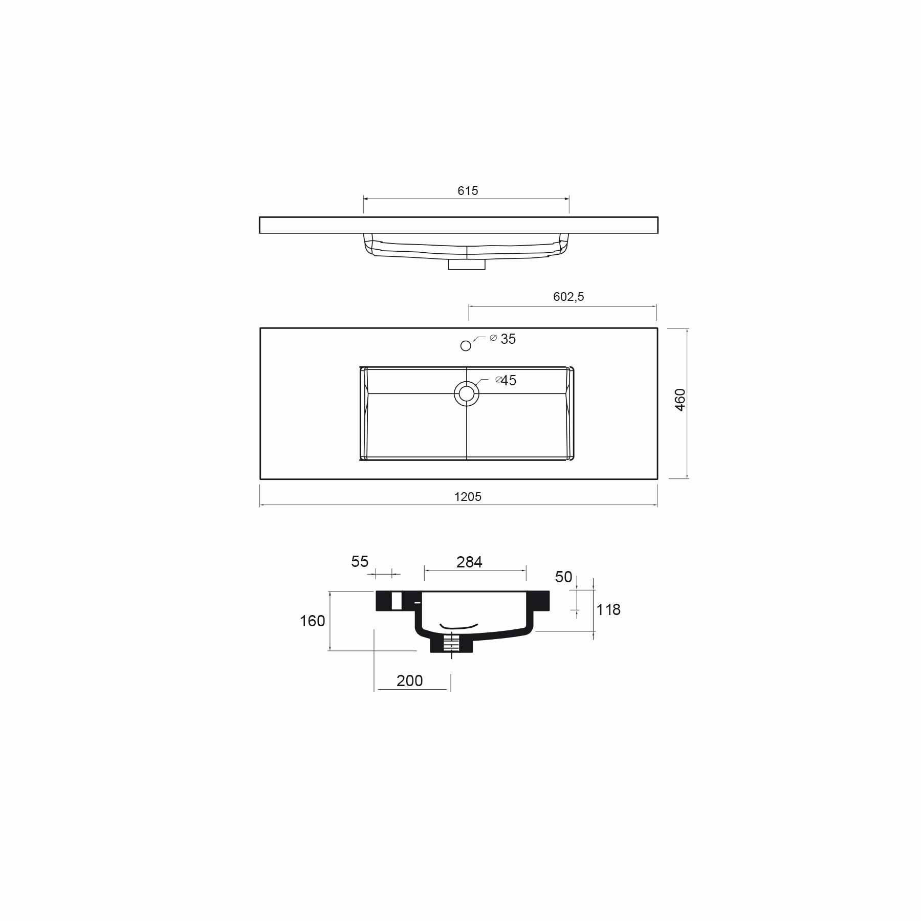 Waschtisch TOSCANA 1205 MINERALGUSS WEIß 1205 x 50 x 460 mm