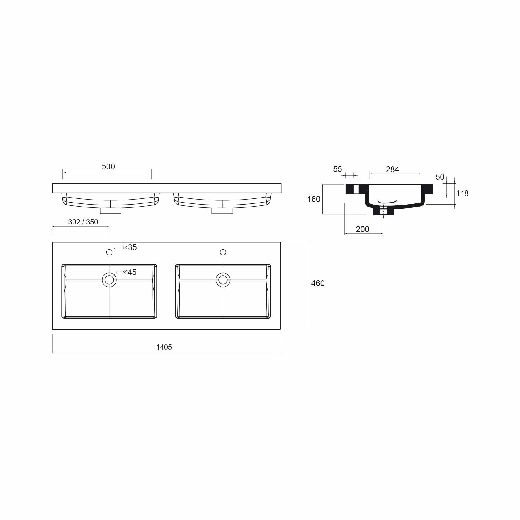 Salgar Waschtisch TOSCANA 1400 doppelt MINERALGUSS WEIß 1405 x 50 x 460 mm